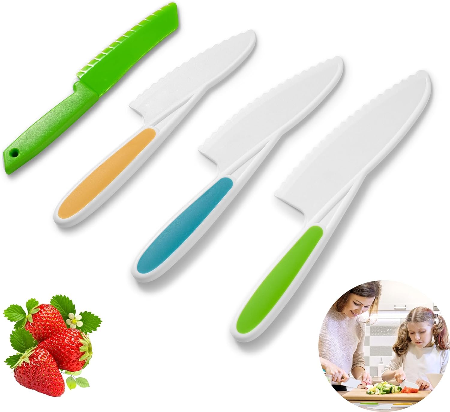 kids knife set for real cooking – 4PCS Toddler Knife Set, BPA-Free Plastic Safe Knives for Fruits, Bread & vegetables Kitchen (Ages 3+)