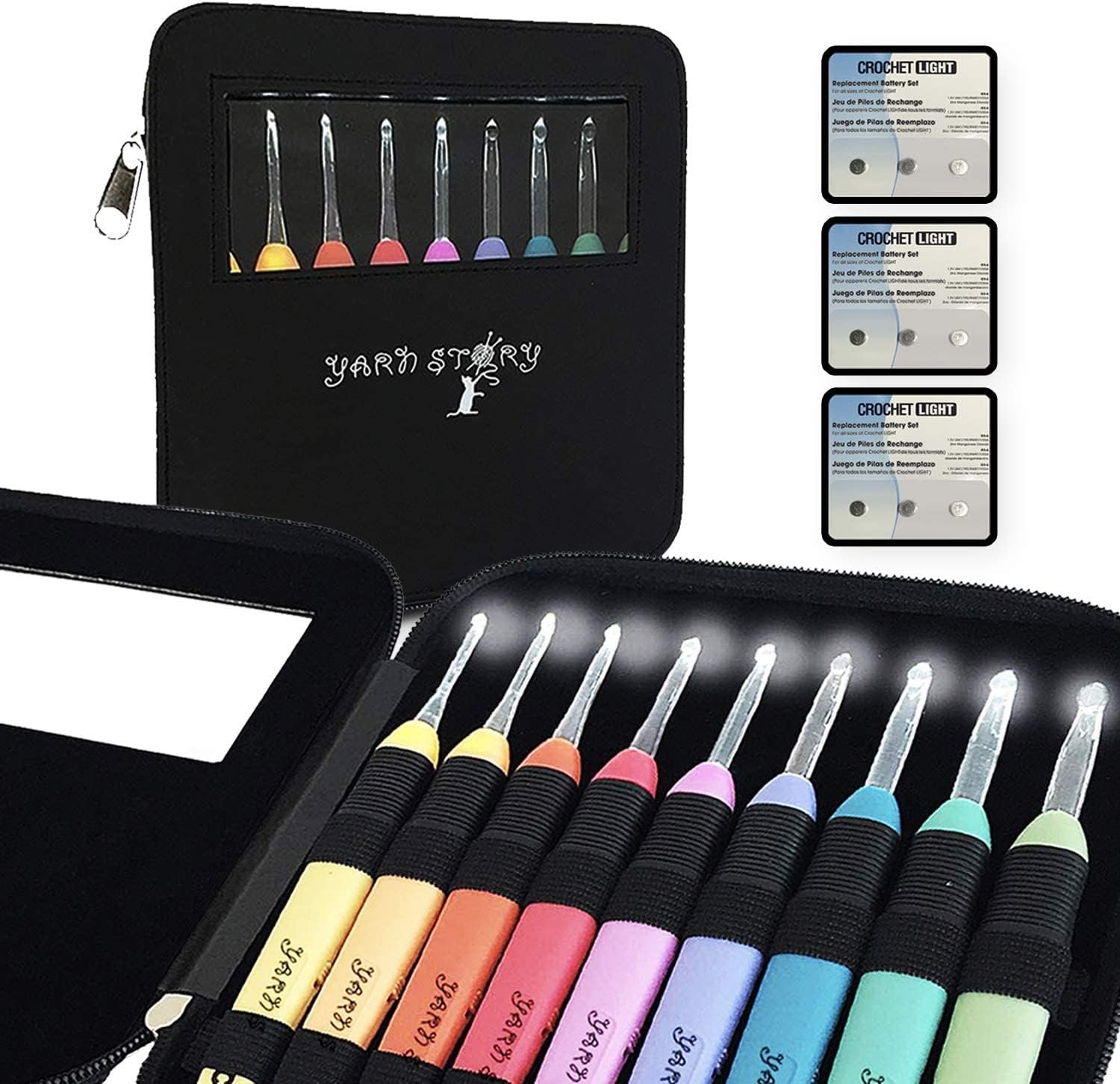 Yarn Story™ Lighted Crochet Hooks Complete Set 9/pkg – 9 pcs Light up Crochet Hook Set w/ 9 Extra Batteries – Crochet Lite Hooks – LED Crochet Hooks for Arthritic Hands Sizes 2.5 to 6.5mm (Black)