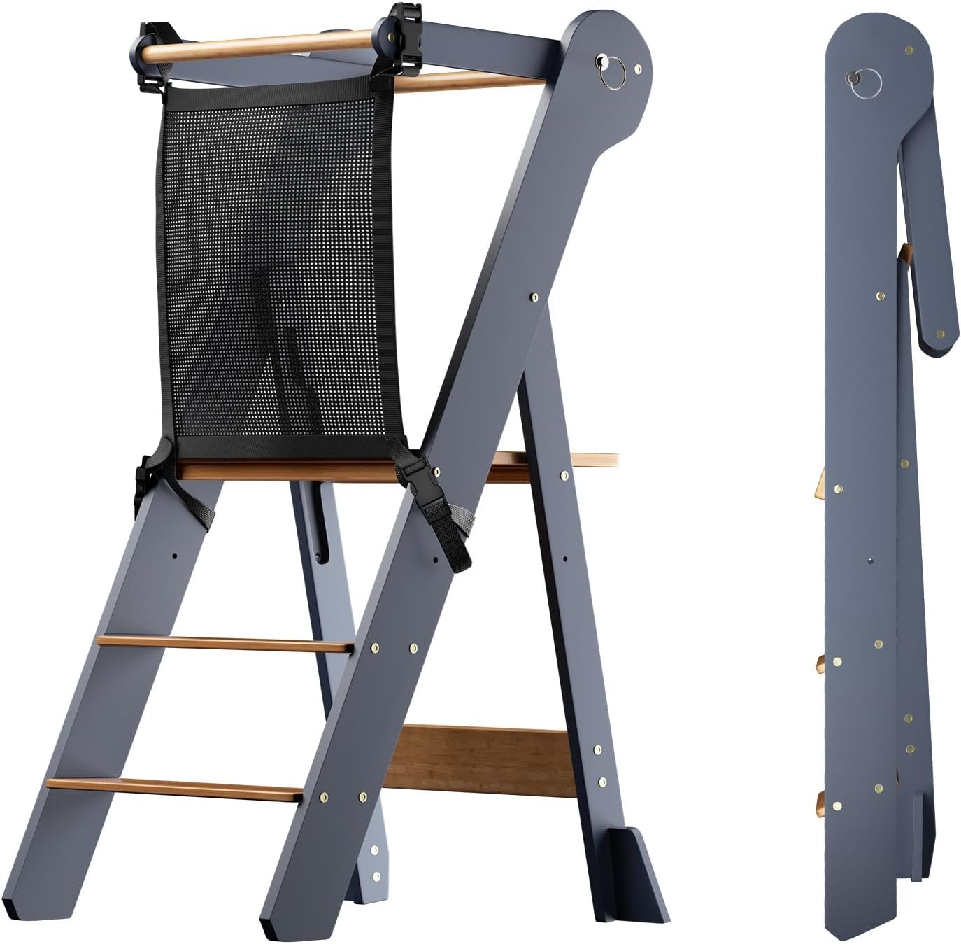 COSYLAND Foldable Toddler Kitchen Stool Helper – Height Adjustable Standing Tower for Bathroom Sink or Kitchen Counter – Step Stool for Toddlers Ages 18 Months to 6 Years Gray & Natural
