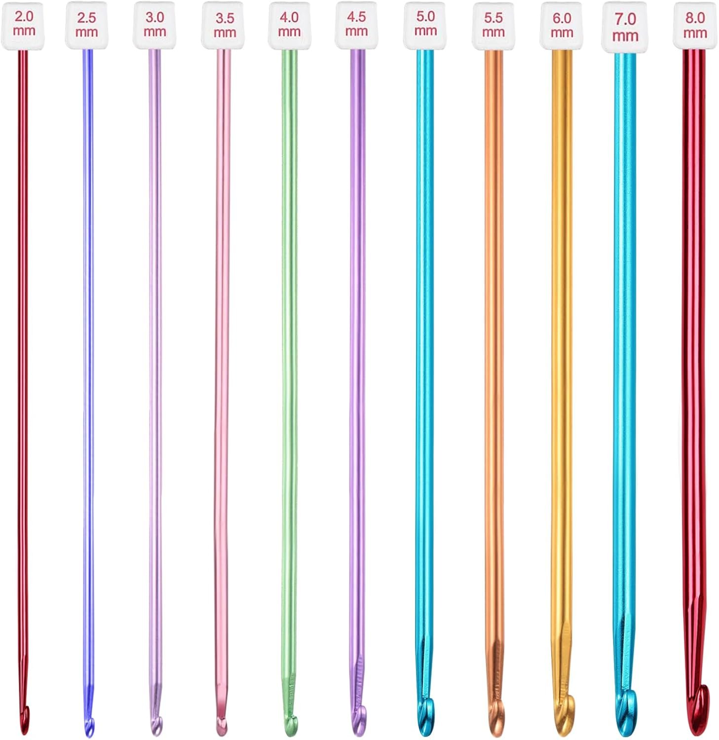 HEYLEAYAR 11Pcs Tunisian Crochet Hooks Set from 2mm(B) to 8mm(L)，27cm/10.6inch Long Crochet Needles Set Aluminum Afghan Knitting Hooks for Beginners