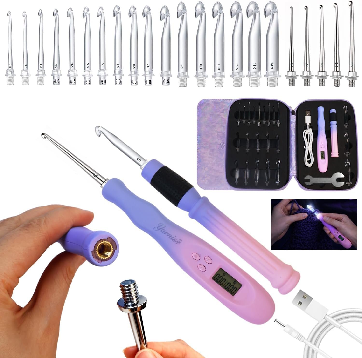 Yarniss 22 in 1 Lighted Counting Crochet Hook Set with Spiral Handle 2.0~14.0mm,Rechargeable Light Up Crochet Hook with Stitch Counter & Case,Gradiant Purple