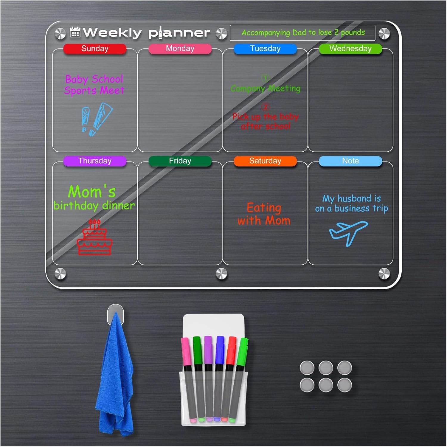 Acrylic Magnetic Weekly Meal Planner for Fridge, Clear Week Calendar Planning Board for Kitchen Refrigerator, Reusable Dry Erase Noteboard for Menu/Grocery/to Do/Shopping List, 11.8” × 15.7”