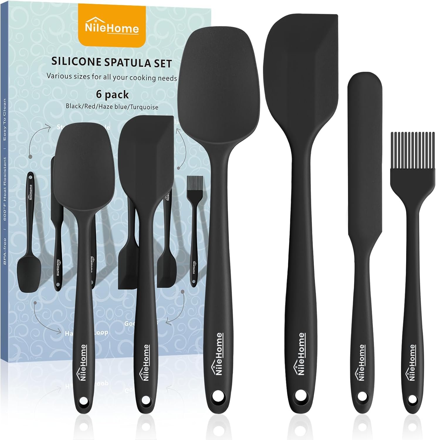 NileHome Silicone Spatula Set, 6 Pieces Food Grade Kitchen Utensils with Silicone Brush Heat Resistant Up to 600°F Dishwasher Safe BPA-Free Rubber Spatula for Scraping, Baking, Cooking, Mixing-Black