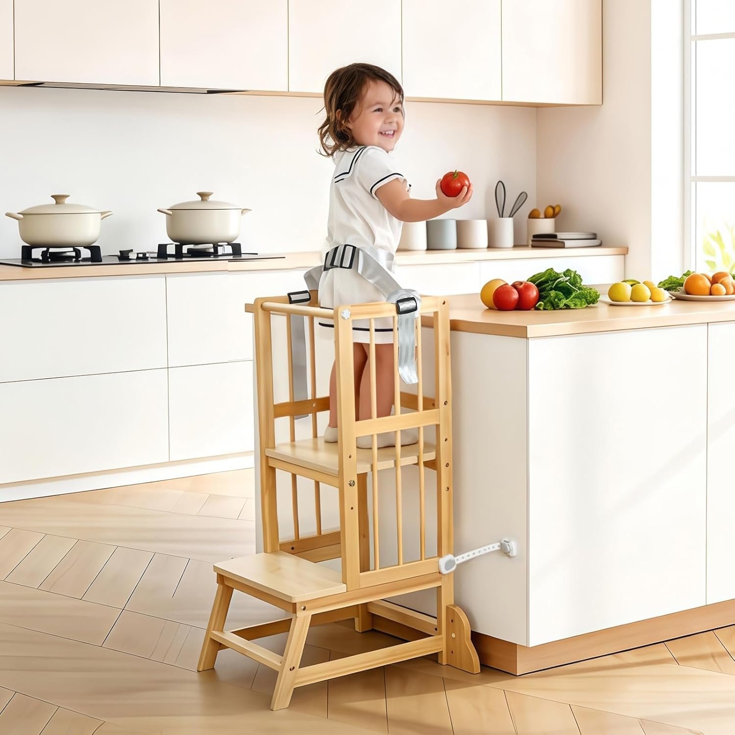 Toddler Step Stool, Kitchen Tower for Toddlers, Adjustable Height Children’s Wooden Kitchen Stool, Kids Tower for Learning with Removable Safety Railing, Ages 18 Month to 3 Years(Wood)