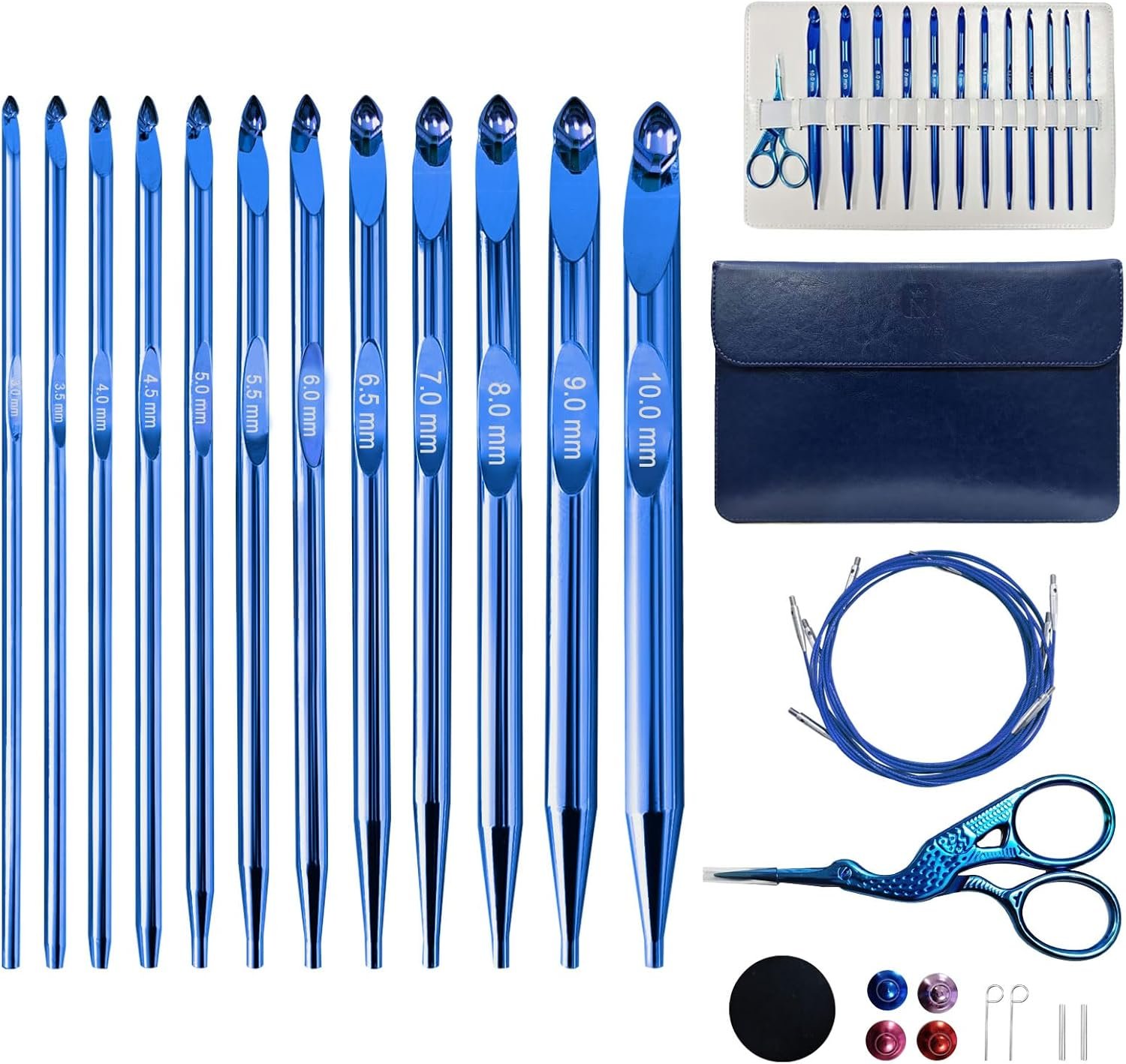 Tunisian Crochet Hooks Set Interchangeable with Case – 26pcs Metal Afghan Knitting Needles Kit 3mm-10mm with Long Cable & Ergonomic Grips, Blue