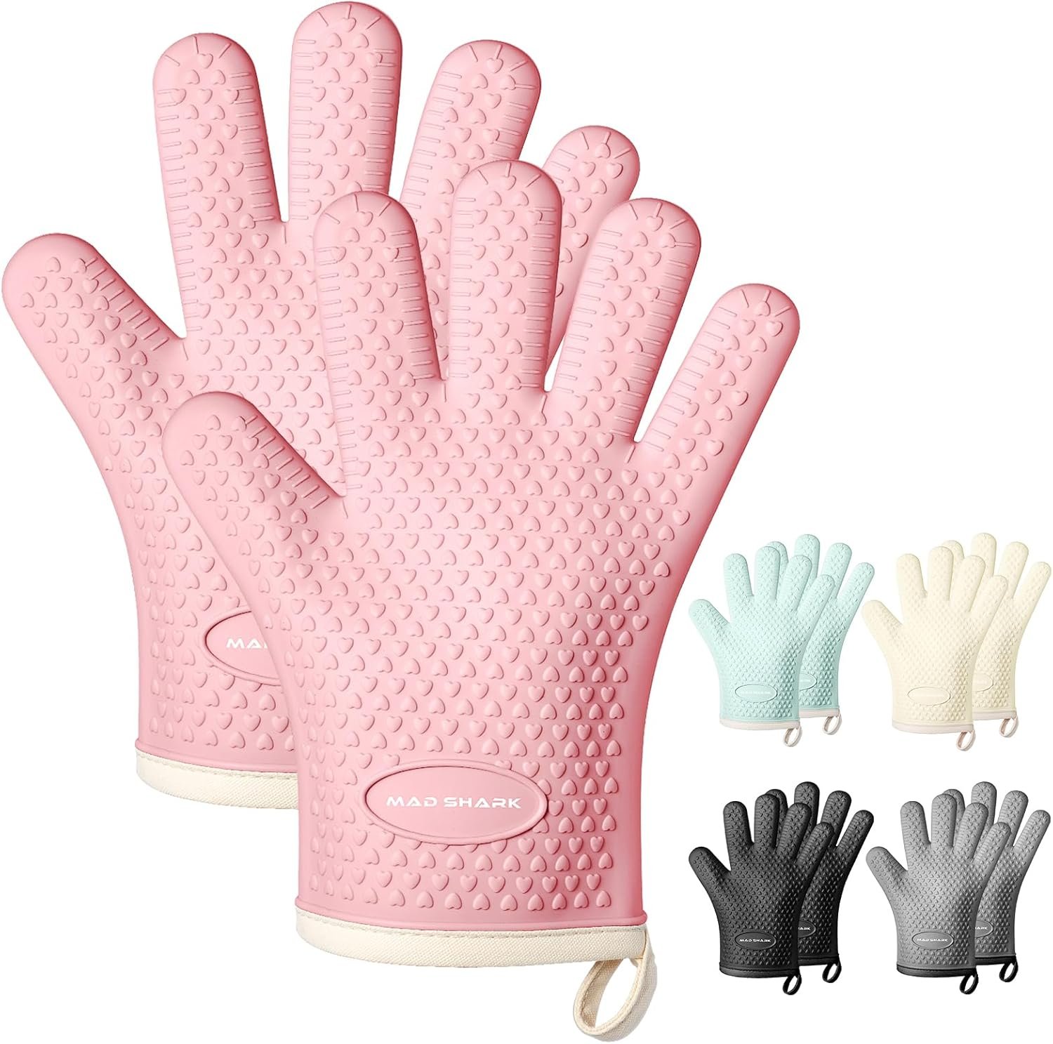 MAD SHARK Silicone Oven Mitts Heat Resistant 450°F,Waterproof & Non-Slip Oven Gloves with Fingers,Cotton Lined Silicone Oven Gloves Kitchen Mitts for Baking Cooking Barbecue,Women (Pink)