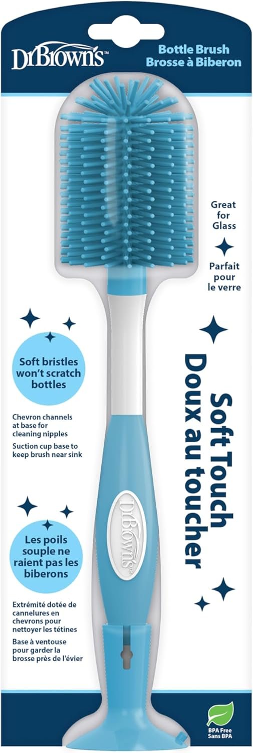 Dr. Brown’s Soft Touch No Scratch Baby Bottle Cleaning Brush Nipple Cleaner with Stand and Storage Clip, BPA Free, Blue 1-Pack