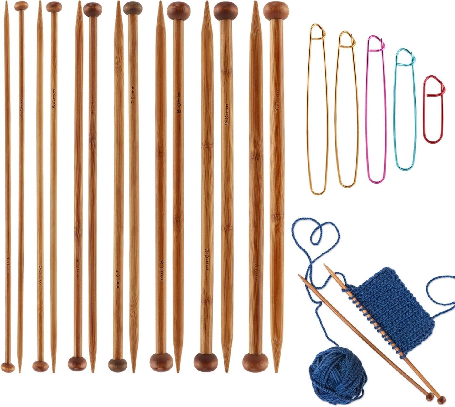 Bamboo Knitting Needles Set, Aluminum Pins & Bamboo Single-Pointed Needles, 7 Sizes Long Wooden Knitting Needles Knittin-g Supplies for Scarf, Socks & Baby Sweaters(Color:Wood)
