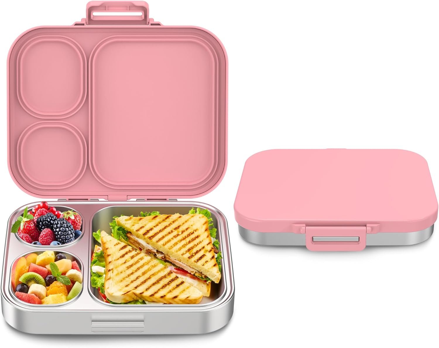 Howeemo Stainless Steel Bento Box Kids, Leak Proof Metal Bento Lunch Box,3 Compartments 304 Stainless Steel Bento Lunch Containers for School and Office, BPA-Free(Pink)