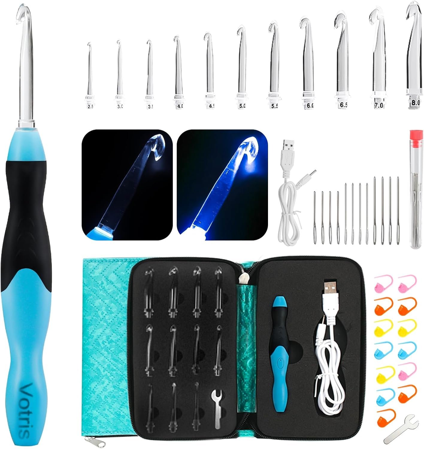 Votris Light Up Crochet Hook Set – 11 in 1 Lighted Crochet Hook Set for Beginners, Ergonomic Soft Grip, Rechargeable Light, Interchangeable Heads – Ideal Crochet Hooks Kit, Gift