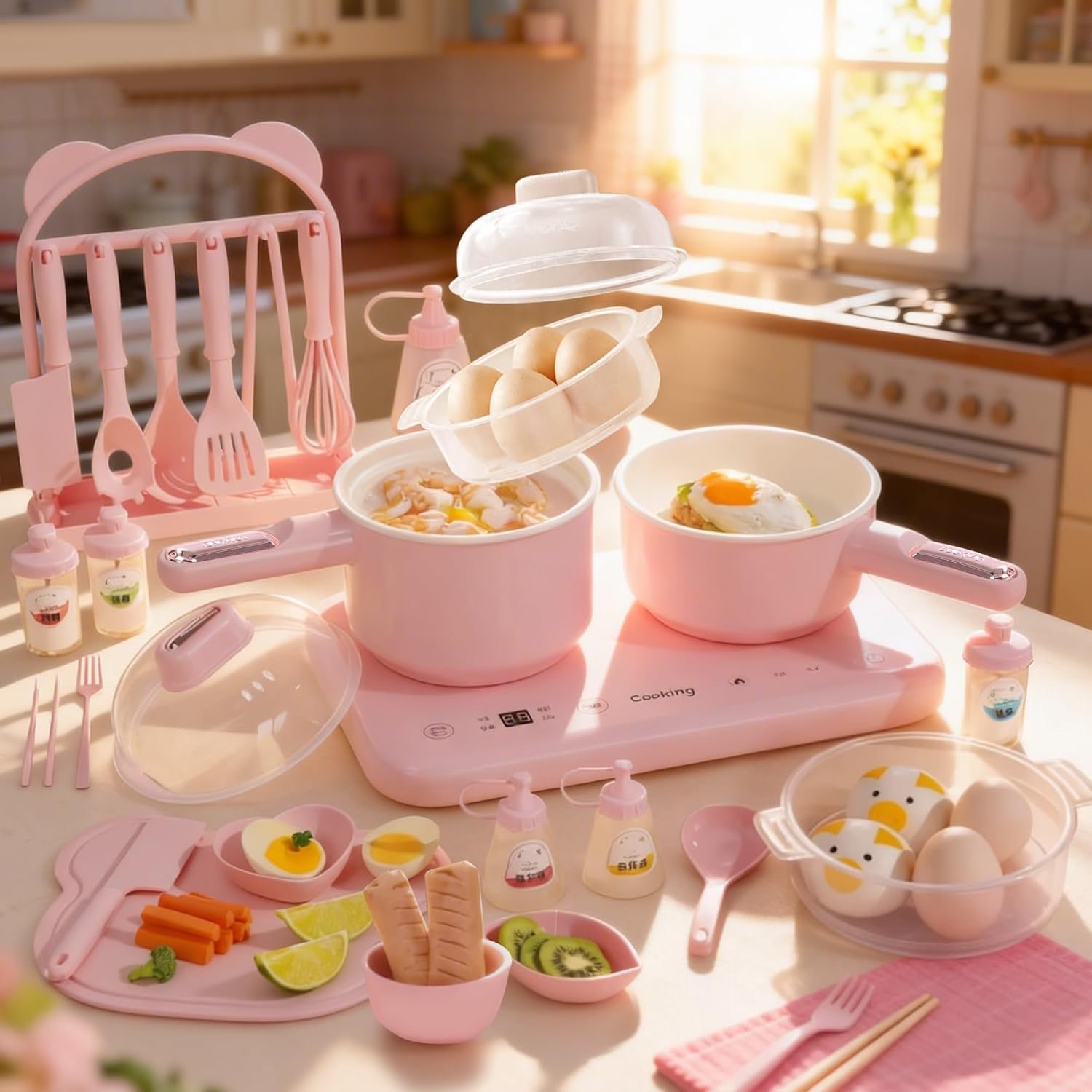 Cooking Sets Real Electric Dual Stove – Montessori Real Cooking Set with Mini Kitchen Tools, Safe Utensils, Apron & Cookware – Great for Pretend Play Montessori Learning (Pink)