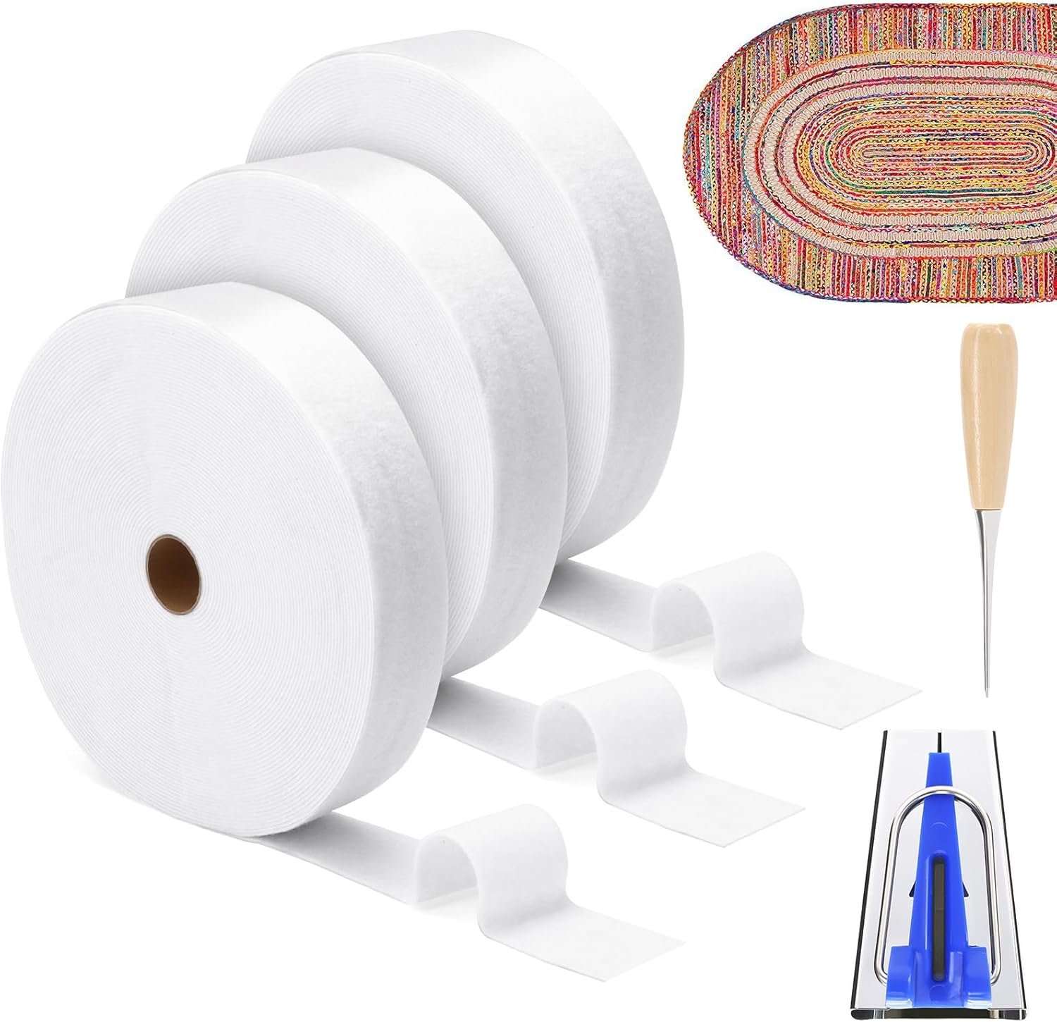 3 Rolls Jelly Roll Batting Strips for Rugs, Jelly Roll Fabric 2 1/4 Inch Total 150 Yards Cotton Blend Quilt Batting with Accessories Sasher Tool Awl Tube Maker Ruler Quilting for Upholstery Projects