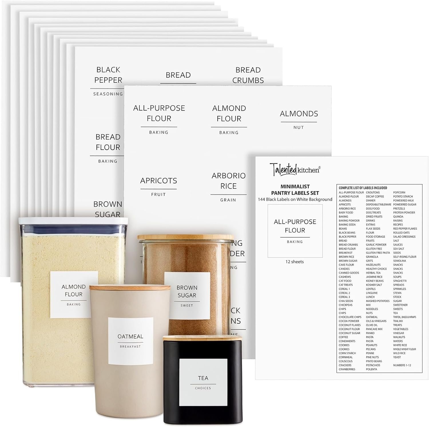 Talented Kitchen Pantry Labels for Containers – 144 Matte Vinyl Stickers, 2.5 x 2.5 in, Black on White, Water Resistant – Food Labels & Ingredient Stickers for Spice Jars & Baking Organization