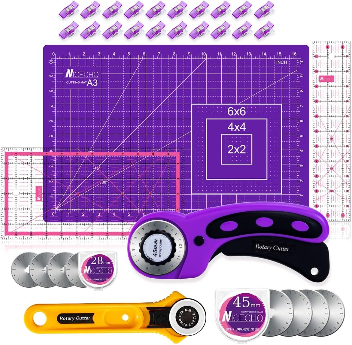 Rotary Cutter Set,Nicecho Sewing Quilting Supplies,45mm & 28 mm Fabric Cutters,8 Rotary Cutter Blades,A3 Cutting Mat for Sewing,6×12 & 2.5×12 In Quilting Rulers,Ideal Quilt kits for Lovers & Beginners