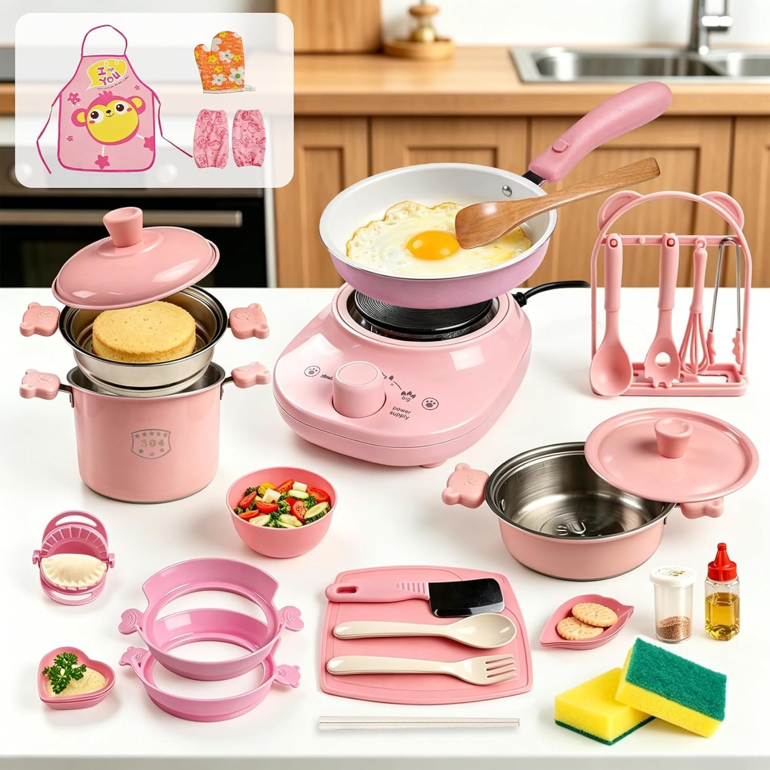 22Pcs Complete Kids Real Cooking Set, 110V Adjustable Heating Stove, Food-Grade 304 Stainless Steel, Safe Real Making Knife, Beginner Cooking Educational Toys, Mini Kitchen Set, for 8+, Pink