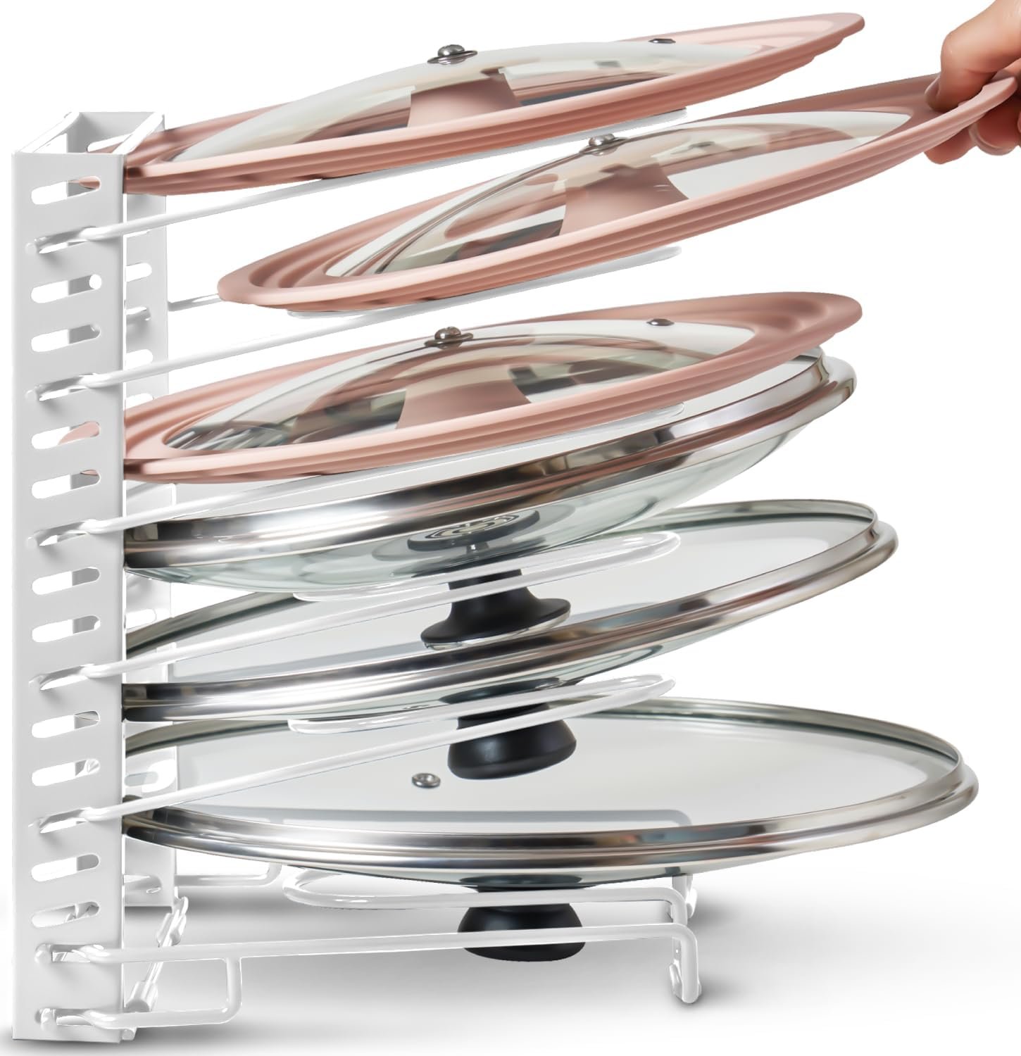 Free-Standing Adjustable Pot Lid Organizer for Cabinet – Kitchen Storage Rack 6 Adjustable Shelves, Pot Lid Holder, Pan and Pot Rack Organizer, Pantry & Inside Cabinet Organizer (13” Clearance)