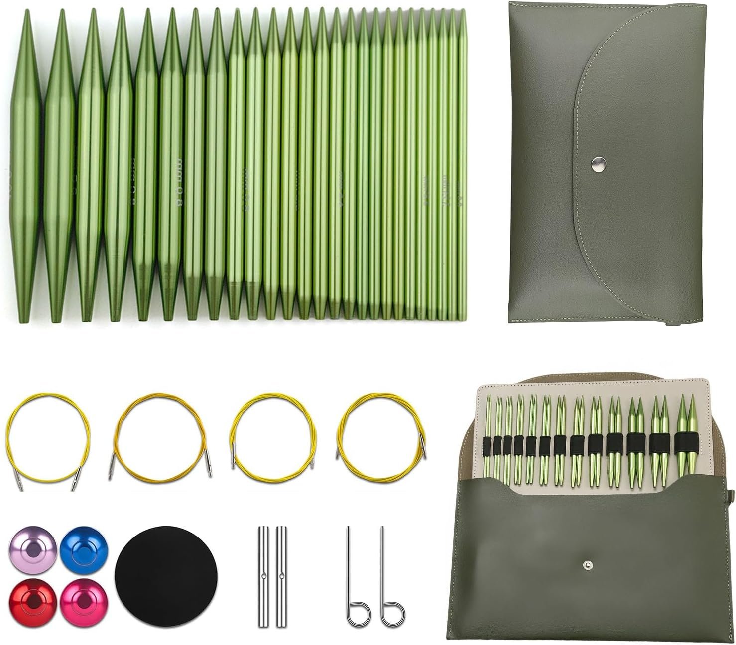 Hzkokon Knitting Needles Set Interchangeable Aluminum Circular Knitting Needles Set 13 Pairs of 4 Inch Premium Aluminum Needles & Accessories Green