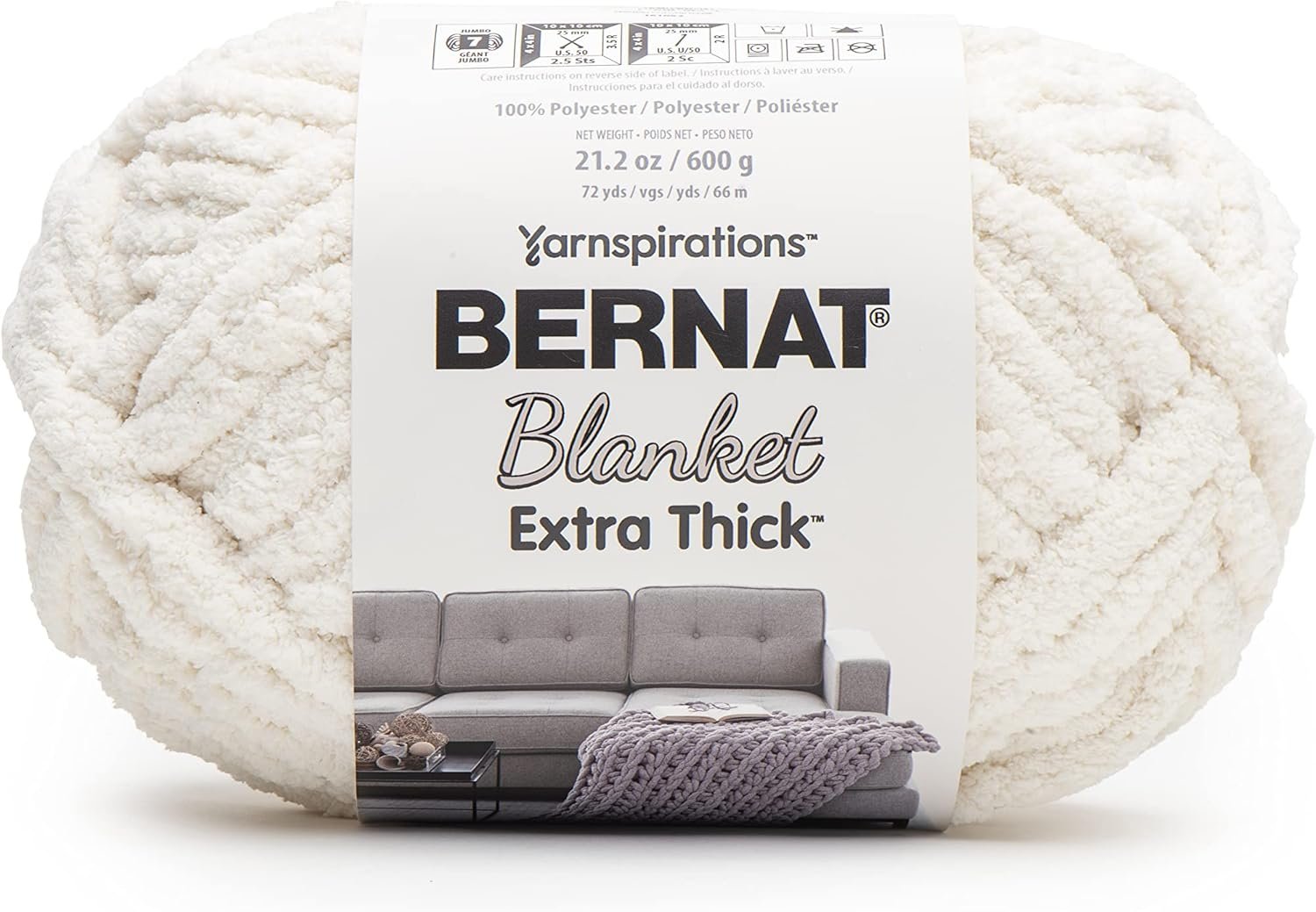 Bernat Blanket Extra Thick Vintage White Yarn – 1 Pack of 21.12oz/598.74g – 100% Polyester – #7 Jumbo – 72 Yards – Chunky Yarn for Hand Knitting, Crocheting, Crafts & Amigurumi