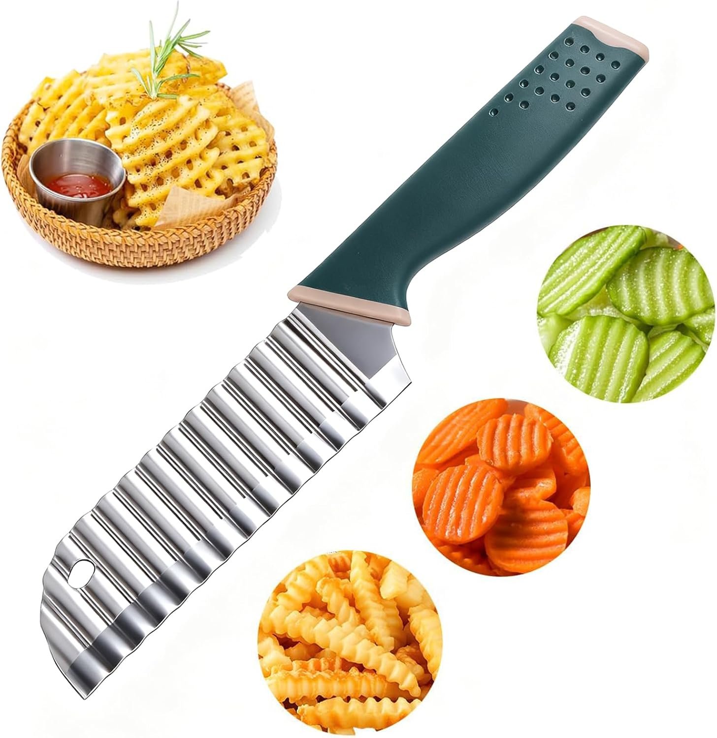 Suuker Crinkle Cut Knife, Crinkle Cutter for Veggies, Potato Slicer Wave Chopper, Stainless Steel Wave Fries Cutter With Ergonomic Handle for French Fry, Cucumber, Carrot and Fruit