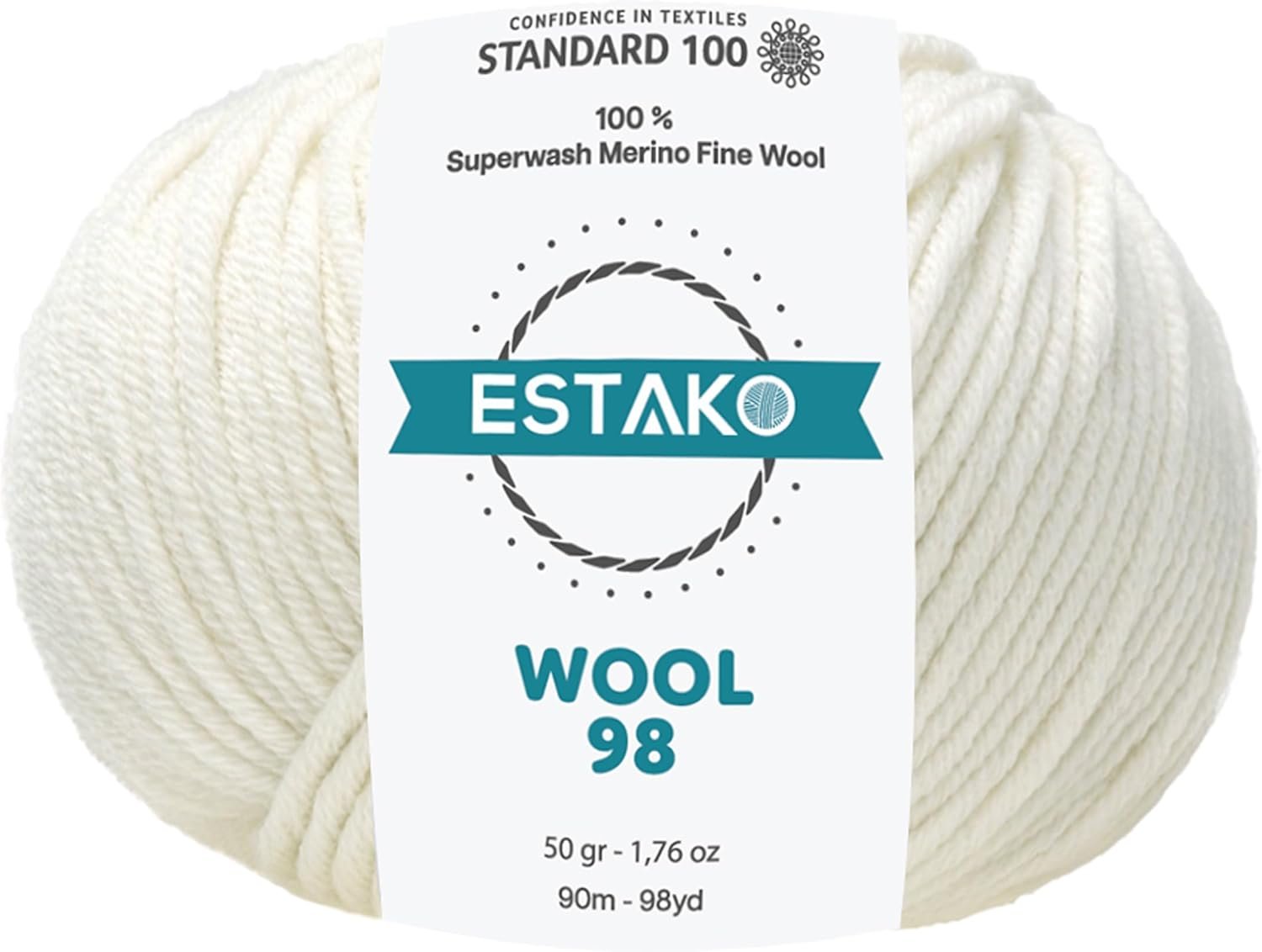 Estako Wool 98 100% Superwash Merino Wool Medium Worsted Weight Soft Knitting and Crochet Yarn 1.76 oz (50gr) 98 yds (90 m) (6147 – Off White)