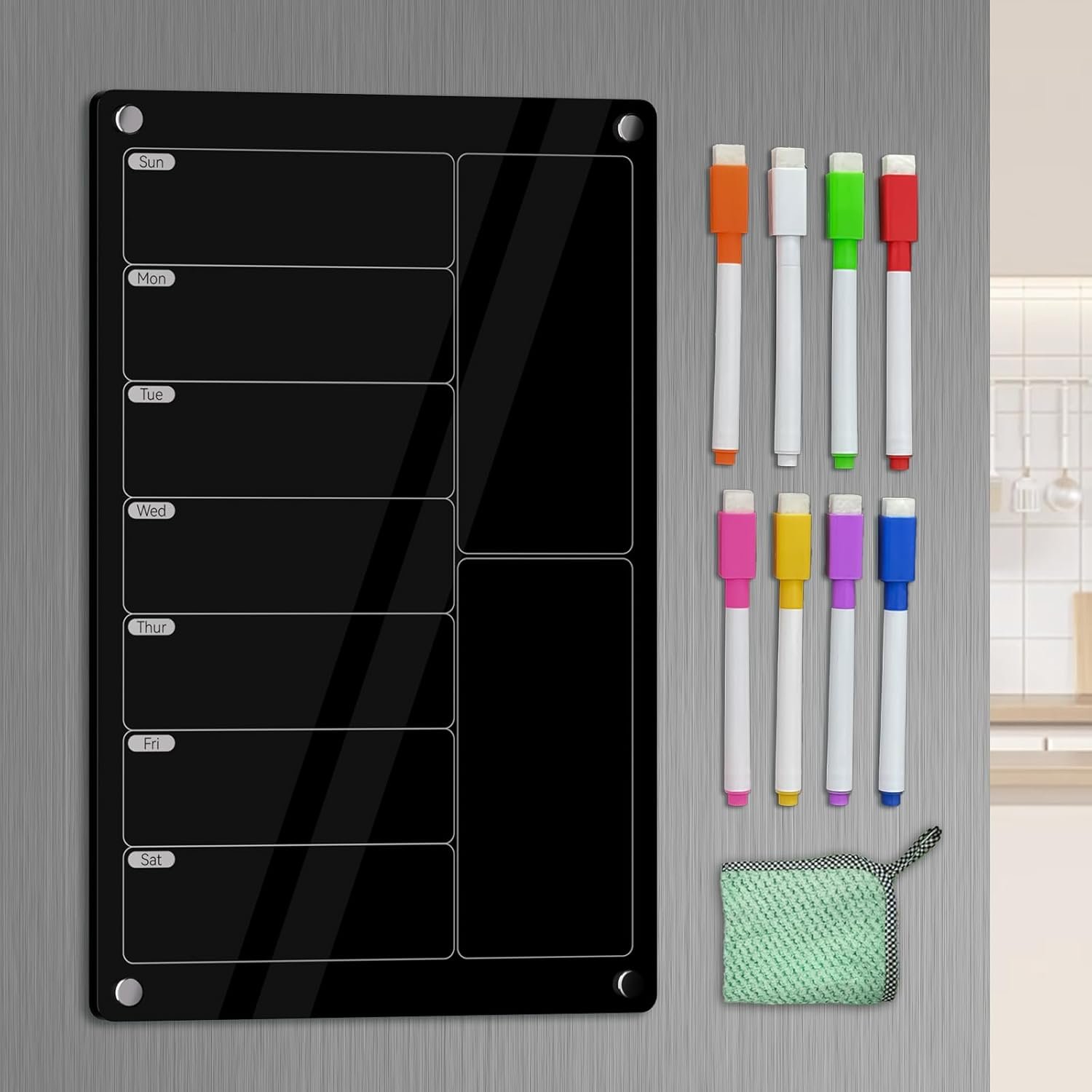 YNGRUE Acrylic Meal Planner Magnetic Menu Board for Kitchen Fridge,Magnetic Black Weekly Calendar Planner Board Refrigerator Dry Erase Board to Do Chore Chart,Grocery/Shopping List,12″x8″