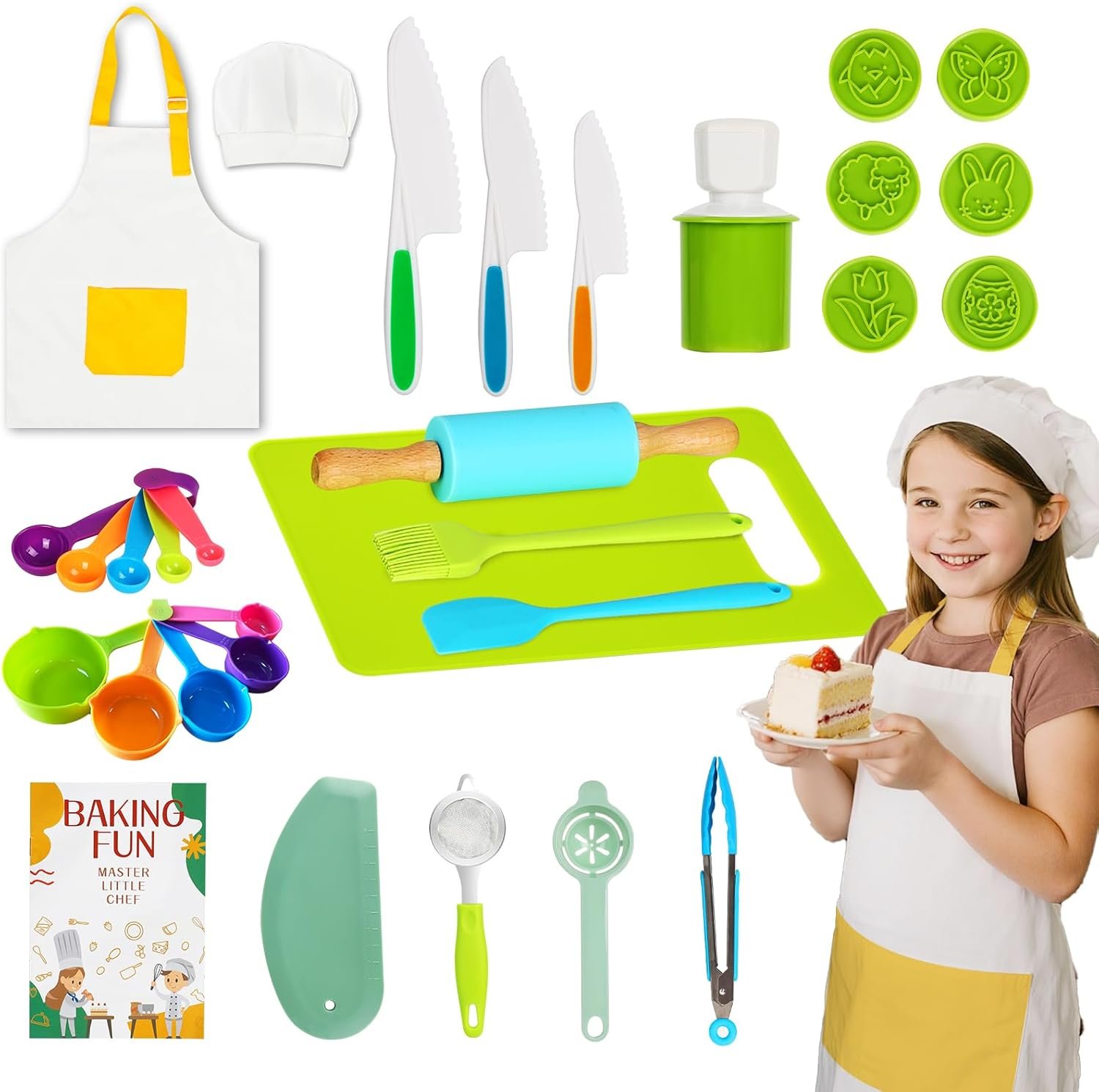 32 pcs Kids Cooking&Kids Baking Sets，for Real Cooking Baking，Montessori Kitchen Tools for Toddlers，with Chef’s hat and Apron, A Role-Playing Gift for Boys and Girls Aged 3+ Years Old