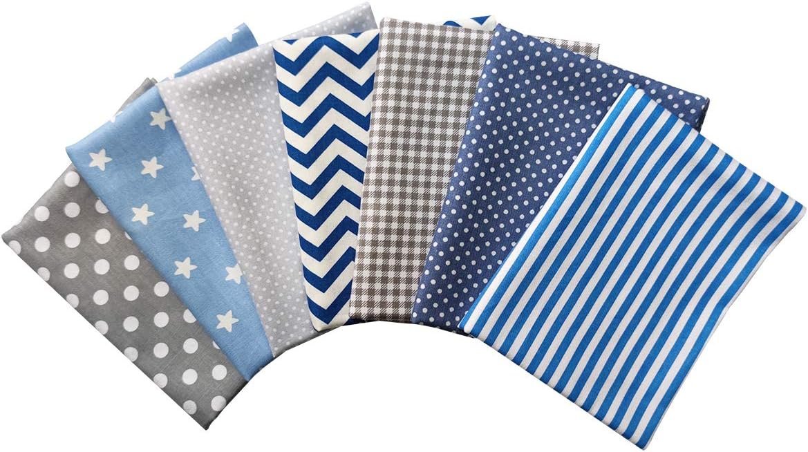 7pcs Cotton Quilting Fabric, Blue Grey Fat Quarter Bundles Printed Patchwork Squares Polka Dot Wave Striped Gingham Fabric for Sewing DIY Crafts, 18 x 22 inches