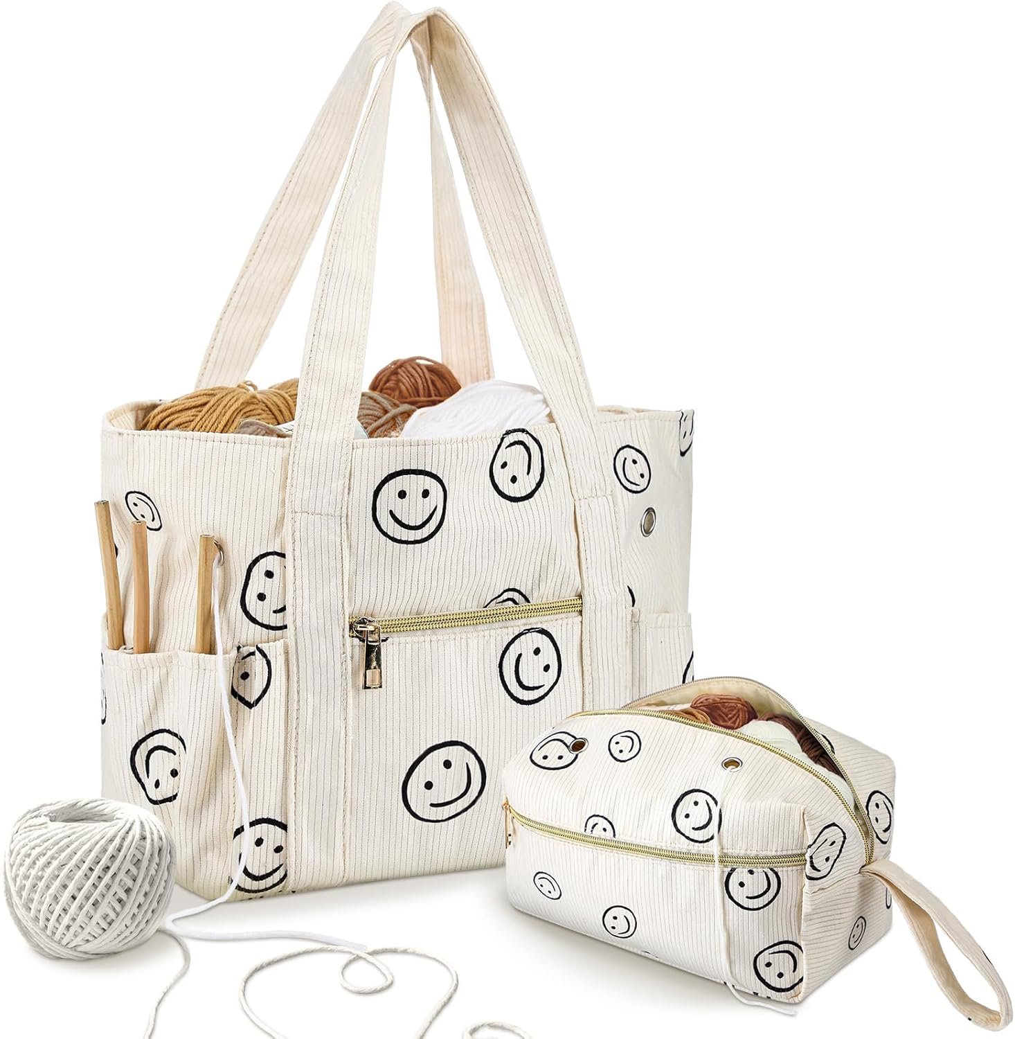 Bulyoou 2 Pcs Crochet Bag and Tote Set Corduroy Yarn Bag for Crocheting Storage Hooks Organizer Smile Face Design Yarn Holder for Mother’s Day Gift Women Lovers Knitting Accessories