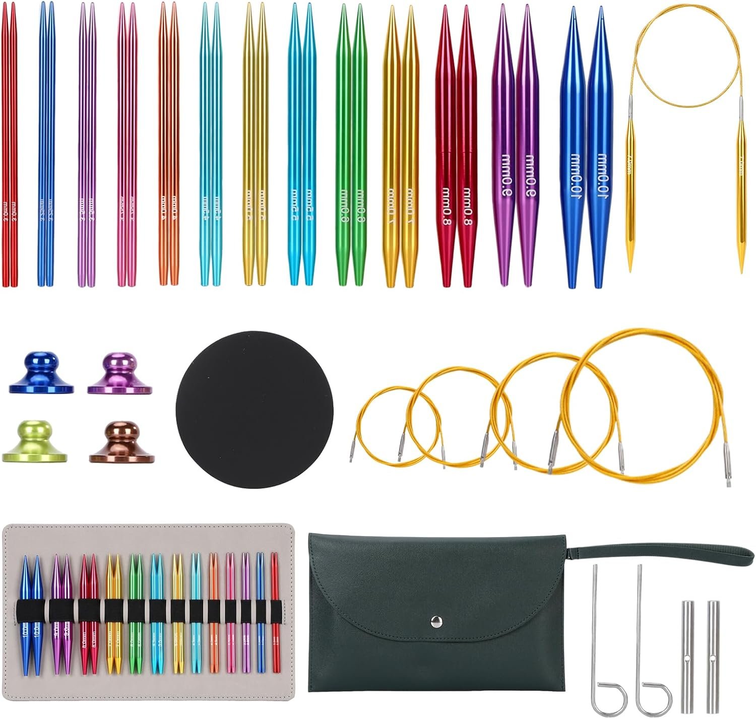 liomey Interchangeable Circular Knitting Needles Set – 13 Pairs (3mm-10mm) with 4 Flexible Cables, Aluminum Needle, Ergonomic Design for Beginners and Advanced Knitters, Color