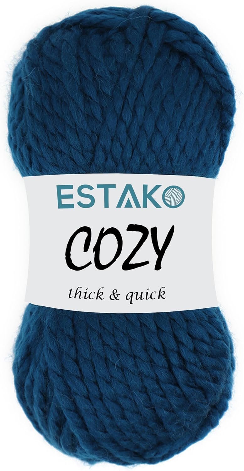 Estako Cozy Thick & Quick Yarn 20% Wool 80% Acrylic Soft Super Bulky Weight #6 Knitting and Crocheting Yarn 3.52 oz (100gr) 65 yds (60 m) (55132-Night Blue)