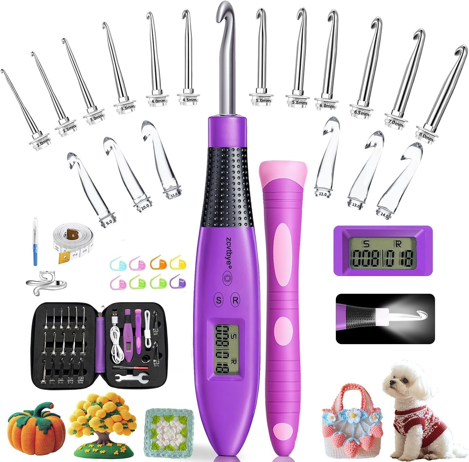 Counting Crochet Hook Set with Light & Counter -18 Size Light up Crochet Hooks – Ergonomic for Arthritic Hands, Digital Stitch & Row Counter – Interchangeable Hooks Kit – Perfect Gift