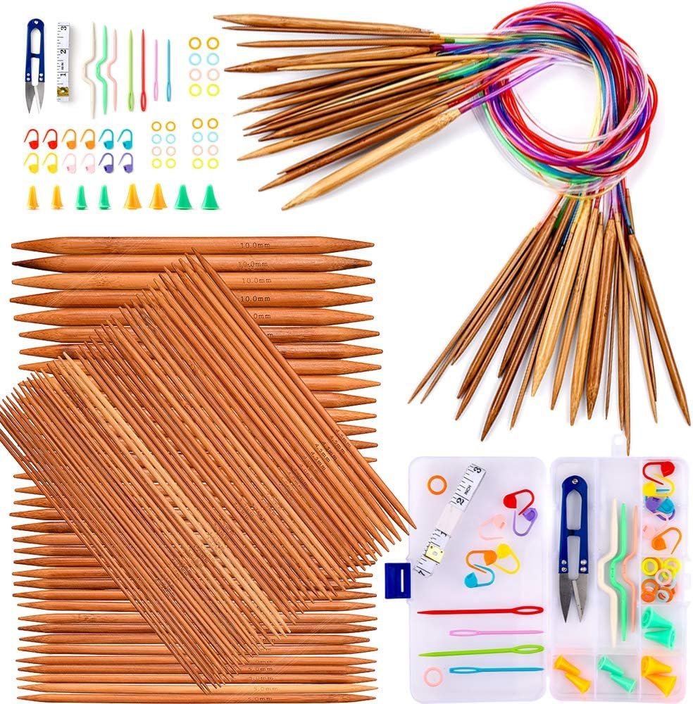 Exquiss Bamboo Knitting Needles Set – 18 Pairs Circular, 75PCS Double Pointed, Crochet Kits Included, Sizes 2mm-10mm, Length 31.5″&7.9″