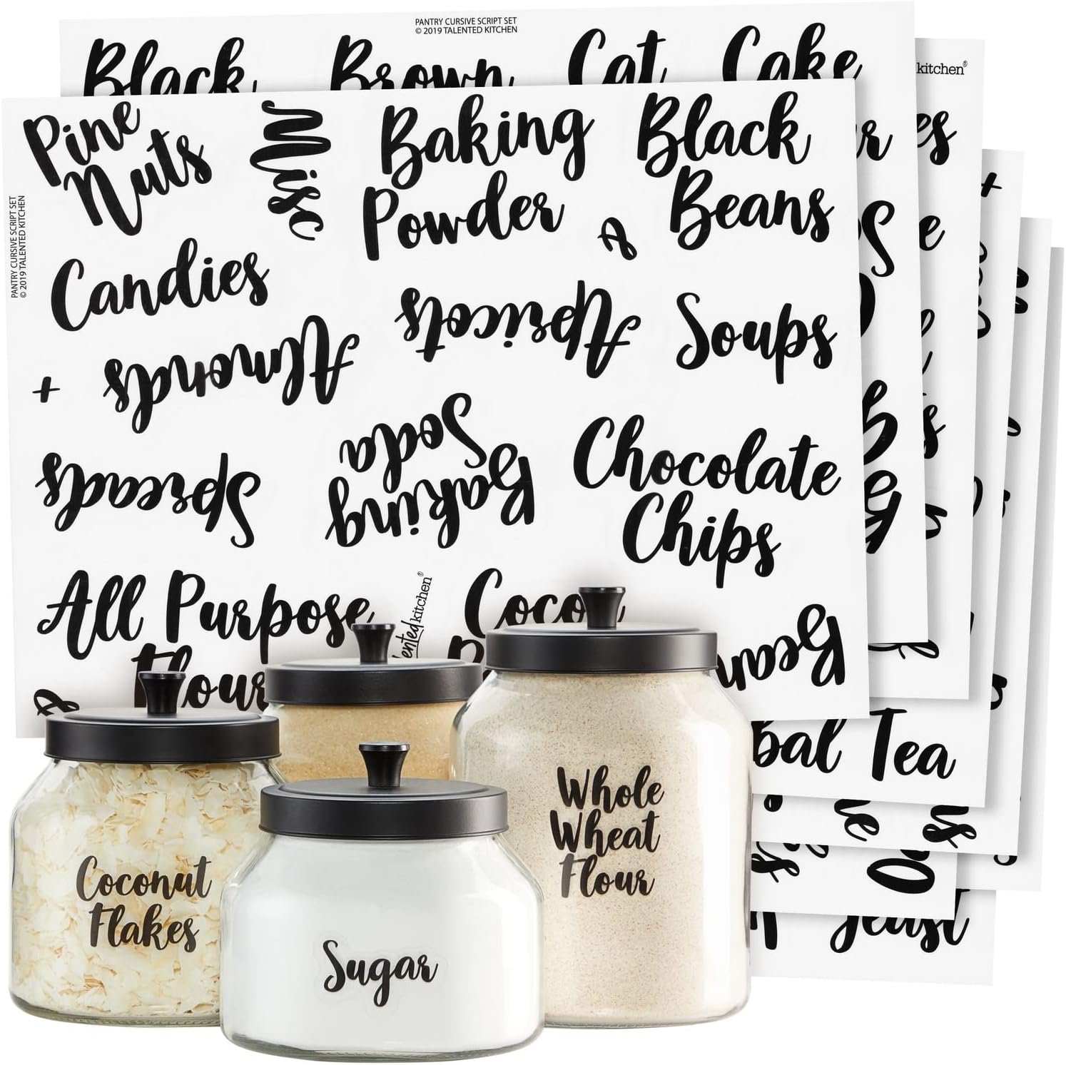 Talented Kitchen Labels for Food Containers – 135 Count, Preprinted Black Cursive on Clear Backing, Water-Resistant – Pantry & Kitchen Storage Labels for Jars & Bins – Easy Peel & Stick