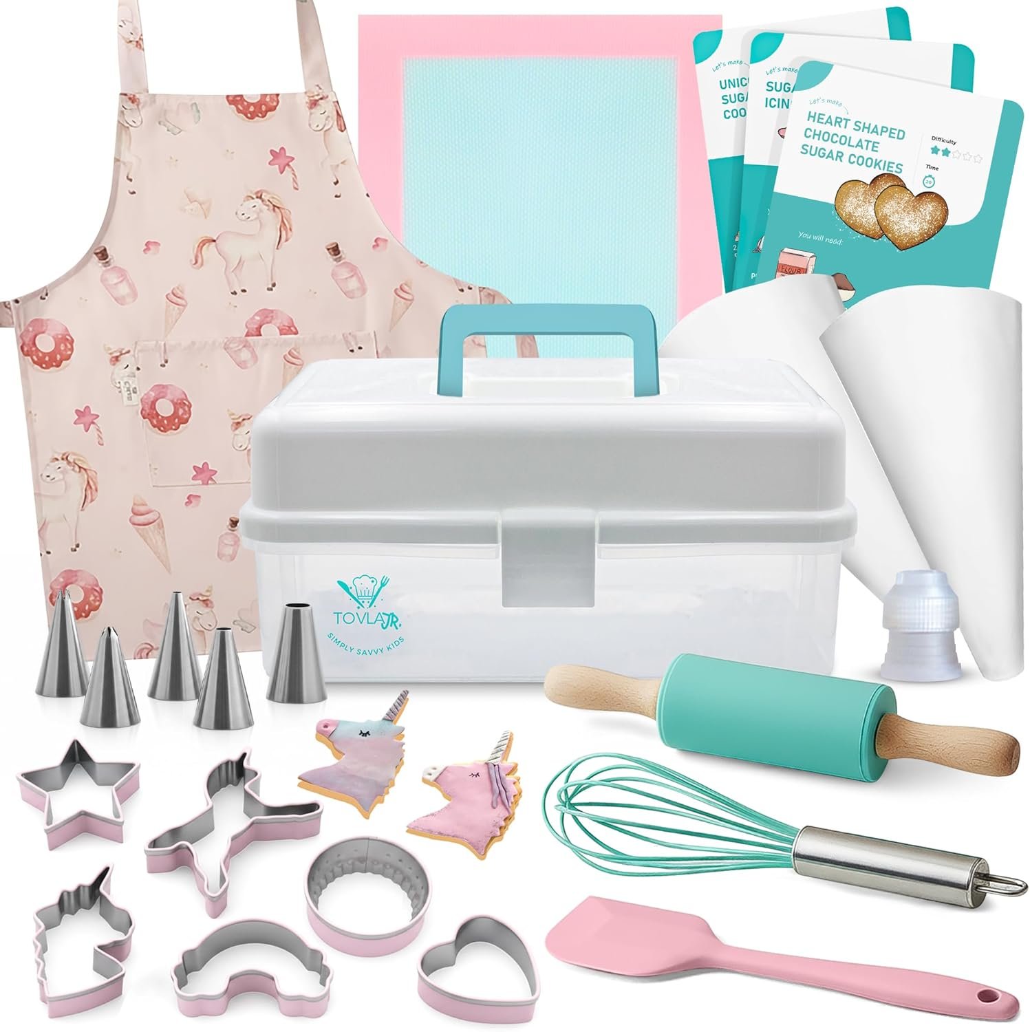 Tovla Jr. Kids Baking Gift Set with Storage Case – Unicorn Baking Gift Set for Kids-Real Cooking Utensils for Cookie, Cupcakes and Decorating