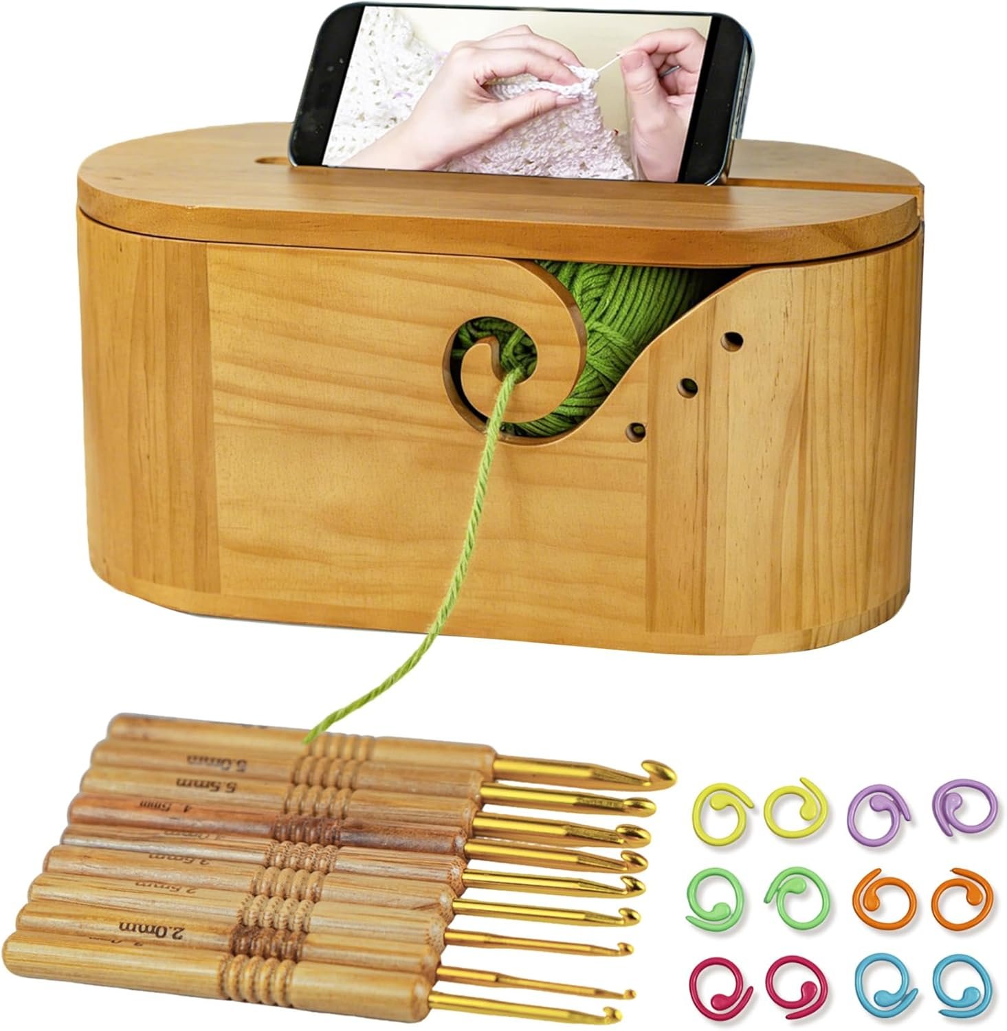 Large Oval Wooden Yarn Bowl for crocheting,Handmade Yarn Holder Storage for Knitting,Anti-tangle crochet organizer Set with Knitting Accessories,Gifts for Crocheters Knitters Mothers Christmas