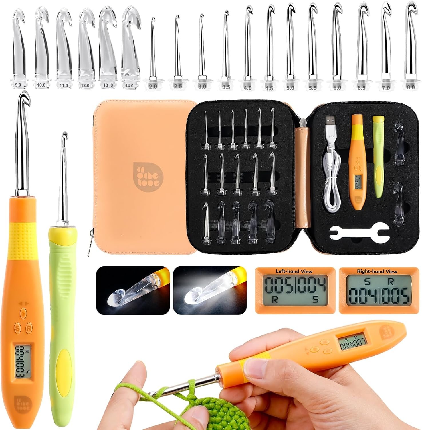 PP OPOUNT 18 Sizes Light Up Crochet Hook Set (2.0–14.0mm) – Plastic Rechargeable Lighted Hooks with LED & Digital Counter, Sliver Crochet Tools and Orange Counting Crochet Hook（Ambidextrous