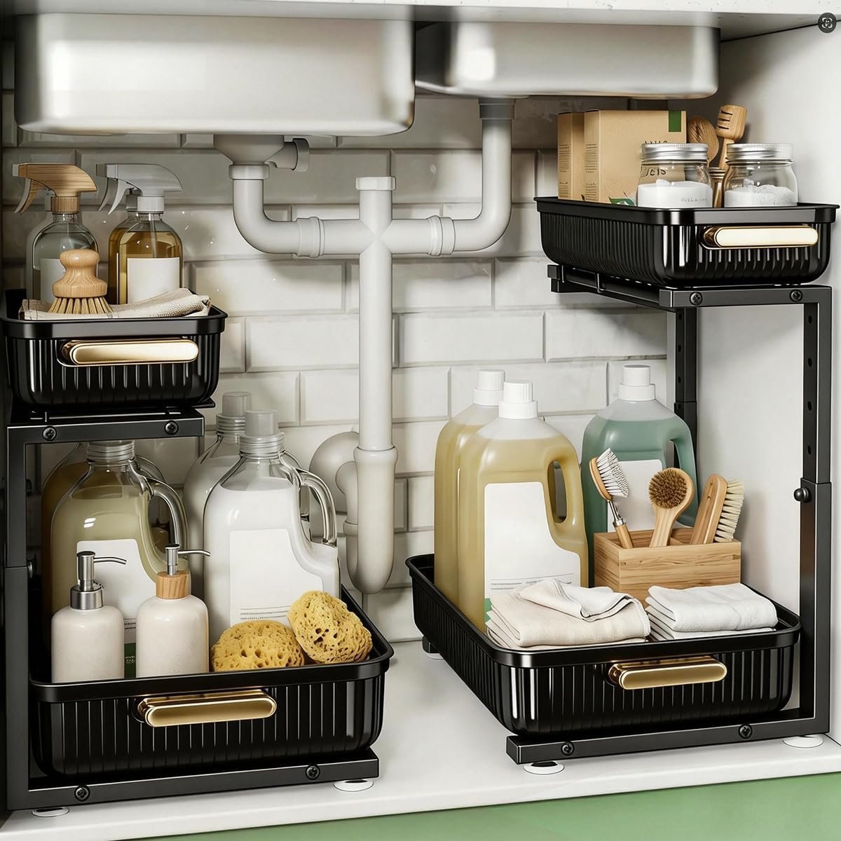 ARSTPEOE Under Sink Organizer – 2 Packs Multi-Purpose Pull-Out Storage Organizers, Slide out Pull out Metal Cabinet Organizer Shelf, Storage for Kitchen Bathroom, Black