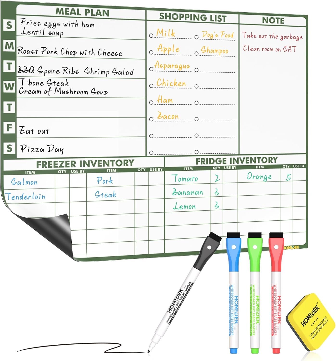Magnetic Meal Planner Menu Board: Reusable Dry Erase Family Planning Board with Grocery List & Fridge Freezer Inventory List for Refrigerator, Dry Erase Markers and Eraser Included – 14×11 Inches