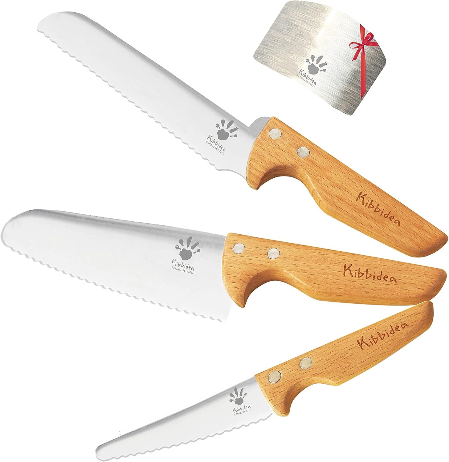 Kibbidea Kids Knife Set for Real Cooking, 4pcs Safe Kitchen Knives for Beginners, Food-grade Stainless Steel Blades for Cutting Chopping, Child First Starter knife, BPA-free (Silver)