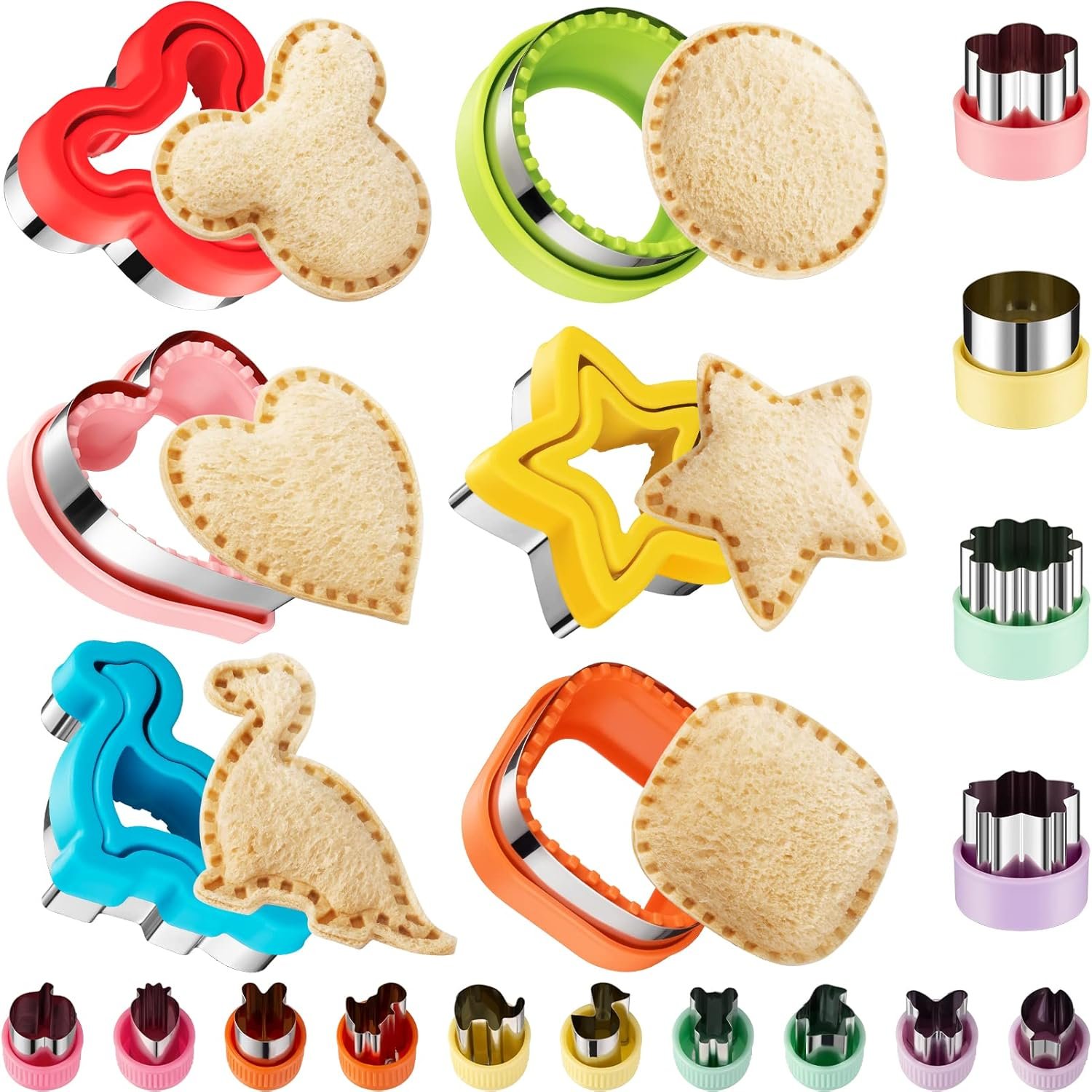 20Pcs Sandwich Cutter and Sealer Set for Kids, Decruster Maker Holiday Heart Cookie Cutters Fruit Vegetable Shapes Boys & Girls Bento Lunch Box with Mickey Mouse Dinosaur Star, etc