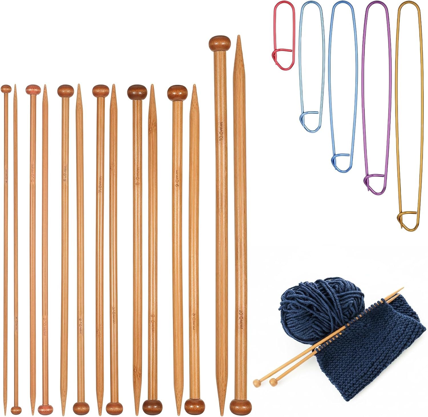 7 Pairs Bamboo Knitting Needles Set, 4-10mm Long Wooden Knitting Needles for Beginners, Single Point Straight Wood Needles for Sweaters Socks Shawl Gloves Scarf