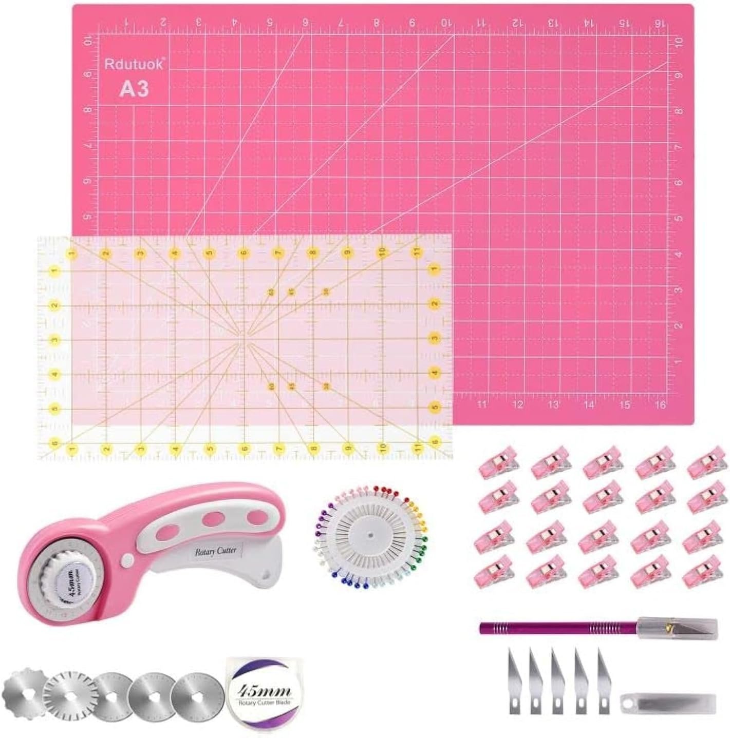 45mm Rotary Cutter Set Quilting Kit, 5 Replacement Blades, A3 Cutting Mat(18X12″), Acrylic Ruler,Sewing Pins,Cushion,Craft Knife Set and Craft Clips – Ideal for Sewing,Crafting,Patchworking