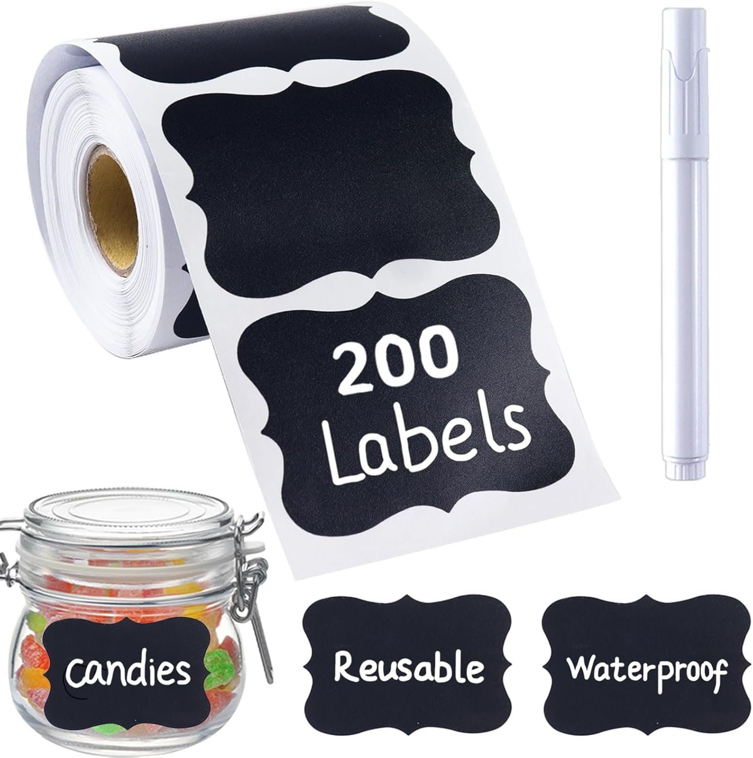 200 Pcs Chalkboard Labels,2.83×1.95 IN Reusable Labels With 1 Liquid Chalk Markers Removable Labels,Suitable for Mason Jars Storage Boxes Food Containers Storage Jars Kitchen Food Spice Storage(Black)