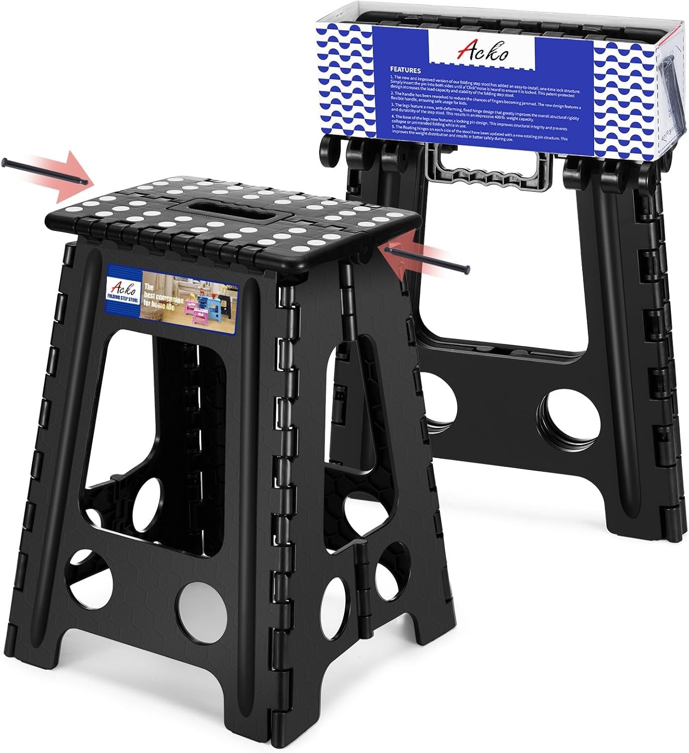 ACKO Folding Step Stool Foldable 17.5 Inch 400 lbs Capacity, Plastic Stools for Adults and Kids, Collapsible Stools for Kitchen, Stepping Stool with Handle (Black)