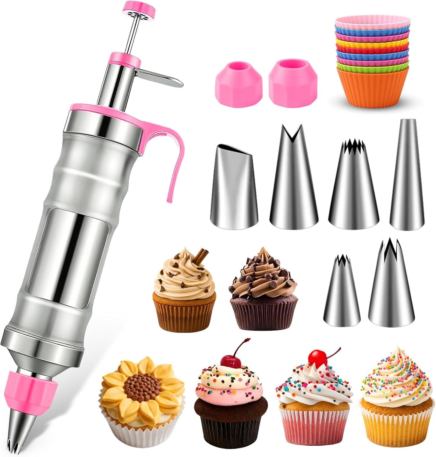 Hendiy Dessert Decorating Syringe Set, Stainless Steel Frosting Piping Kit Cake Decorating Kit with 6 Piping Tips & 9 Silicone Cupcakes, Cupcake Decorating Kit Piping Bags and Tips Set