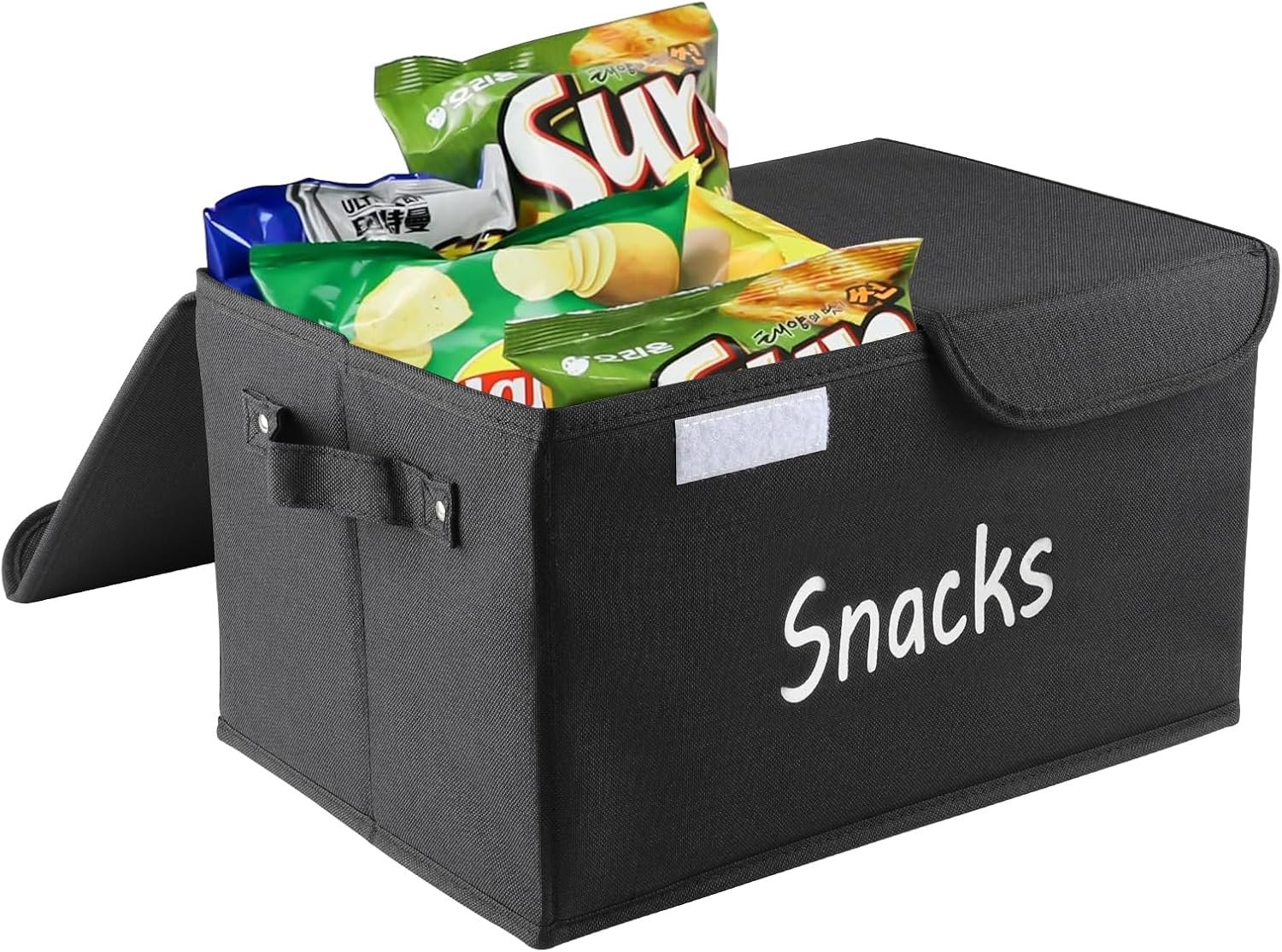 Snack Organizer for Pantry Shelf, Fabric Snack Organizer with Double Lids & Handles, Large 2-Compartment Snack Bin Snack Holder, Snack Basket for Chips Packets, Snack Bar Station Decor -Black