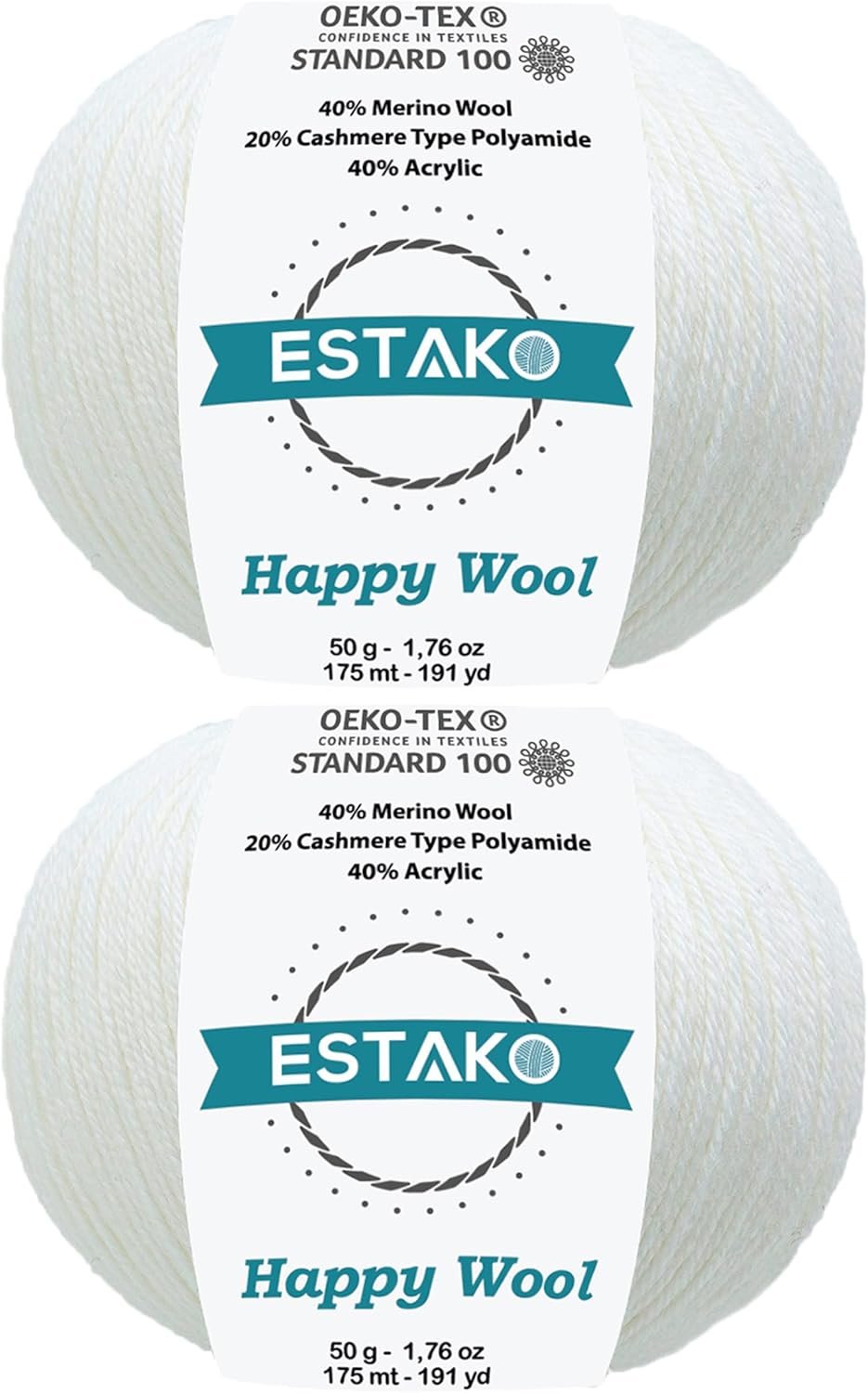 Estako Happy Wool (2 Skeins Pack) 40% Merino Wool 20% Cashmere Type Polyamide 40% Acyrlic Fingering Weight Soft Knitting and Crochet Yarn (2 x 1.76 oz) (2 x 191 yds) (8001 – White)
