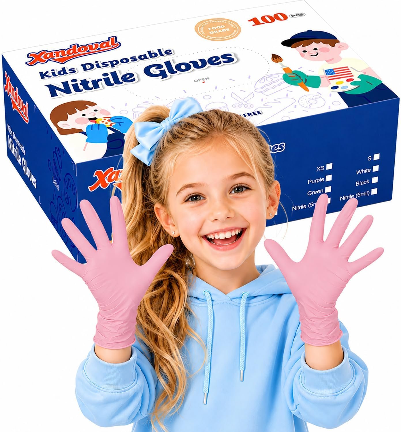 Kids Disposable Gloves for 3-8 Years, 5Mil Pink Nitrile Gloves with Latex-Free and Powder-Free, Durable and Protective for Work, Cleaning, Cooking, Gardening (XS,100PCS)