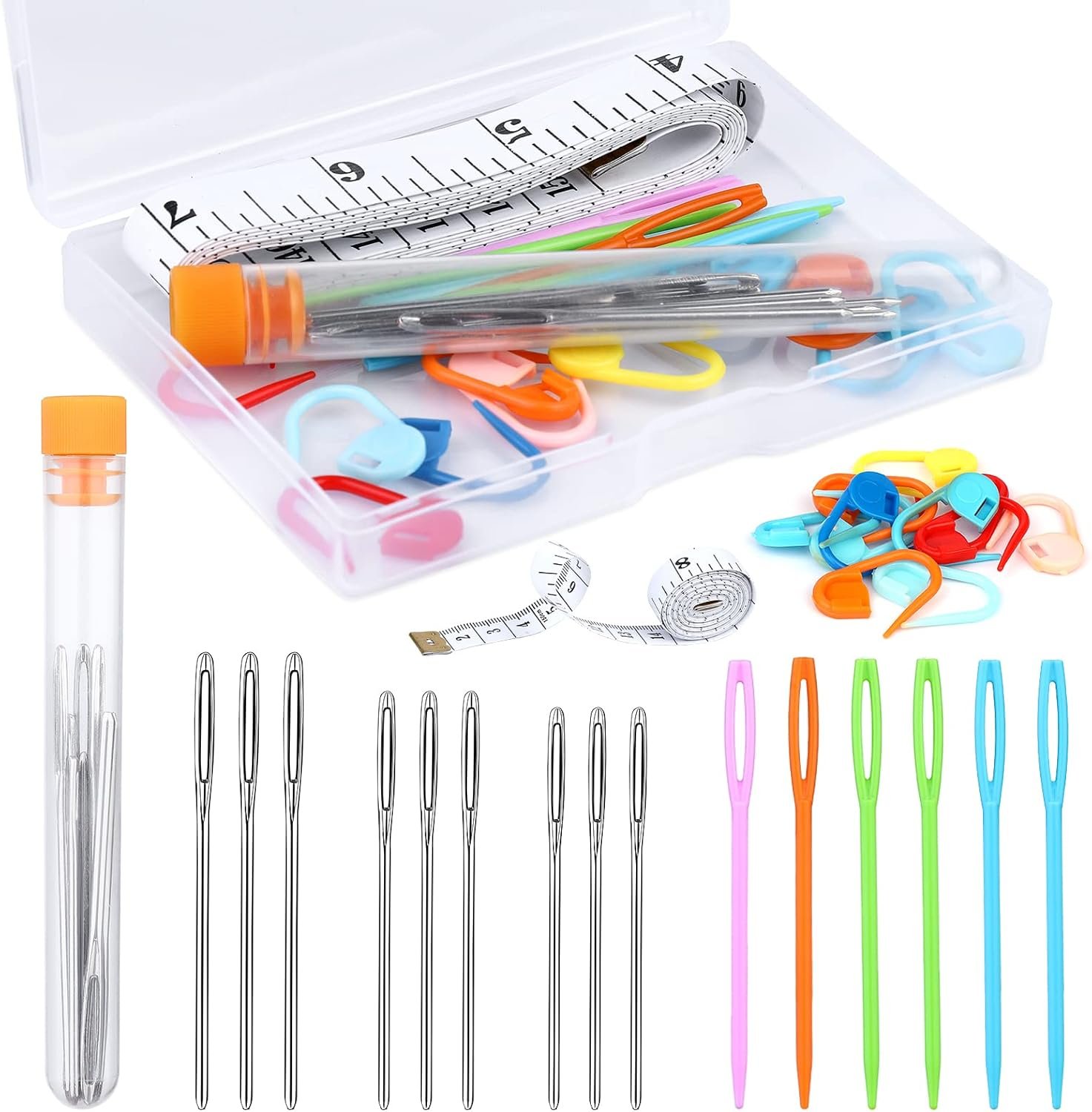 JUPEAN Knitting Needles Yarn Needles Large Eye Blunt Needles Plastic Needles with Tape Measure Stitch Markers Storage Box for DIY Handmade and Sewing