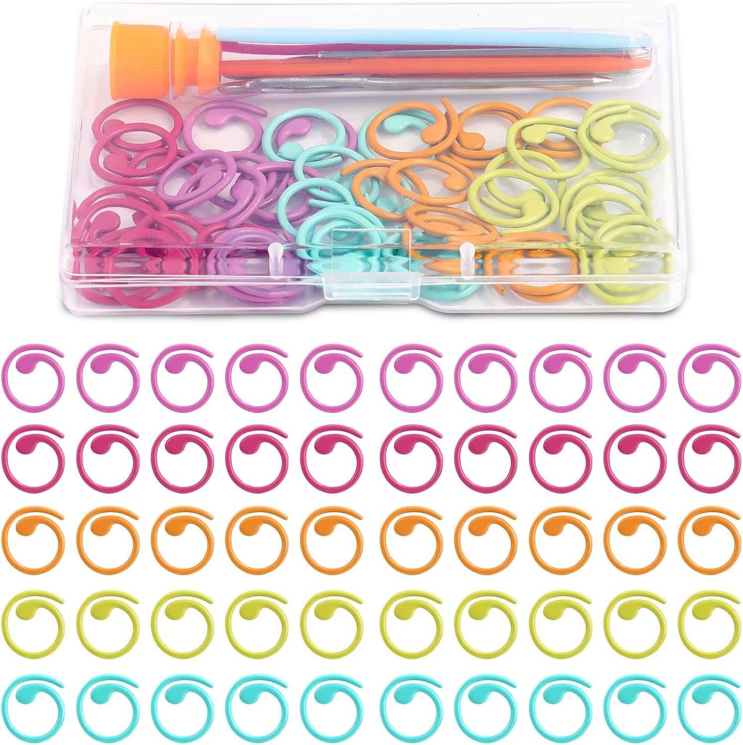 Lokunn 50 Pcs Metal Crochet Stitch Markers, 5 Colors Spiral Metal Colorful Crochet Stitch Markers, Crochet Marker Ring, 9 Pcs Large Eye Blunt Sewing Needles with Storage Box for DIY and Craft Sewing